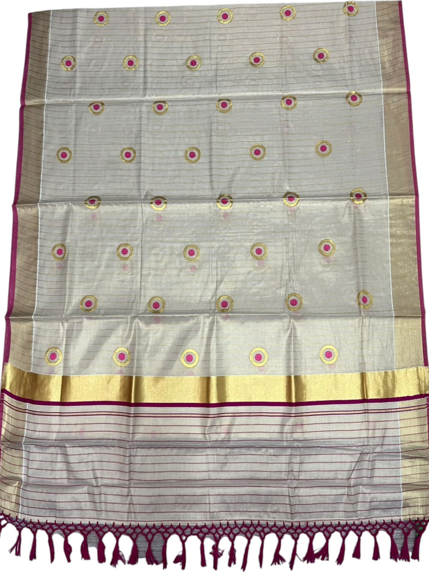 Southloom Kerala Tissue Kasavu Saree with Polka Embroidery Works on Body in Pink