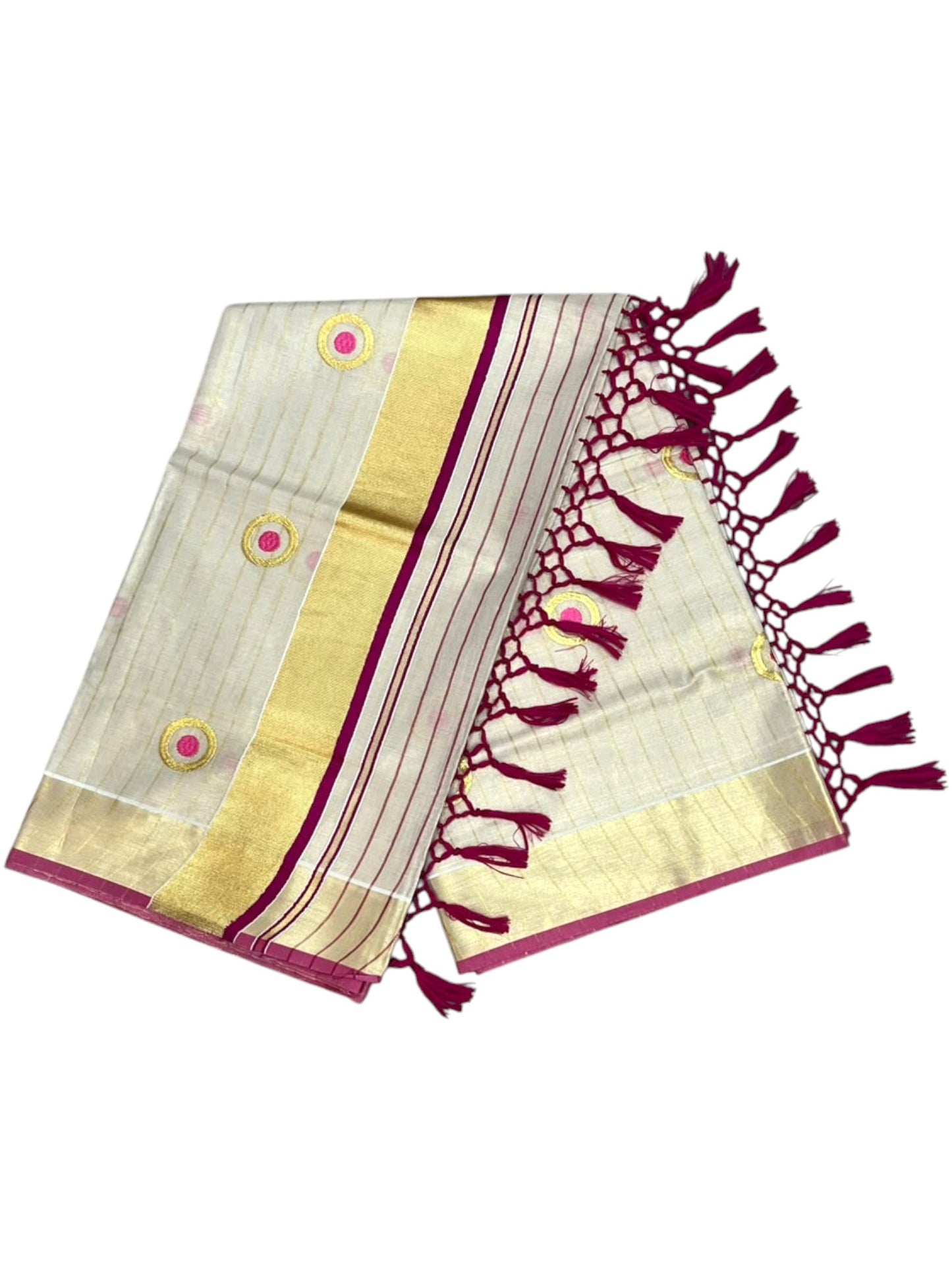 Southloom Kerala Tissue Kasavu Saree with Polka Embroidery Works on Body in Pink