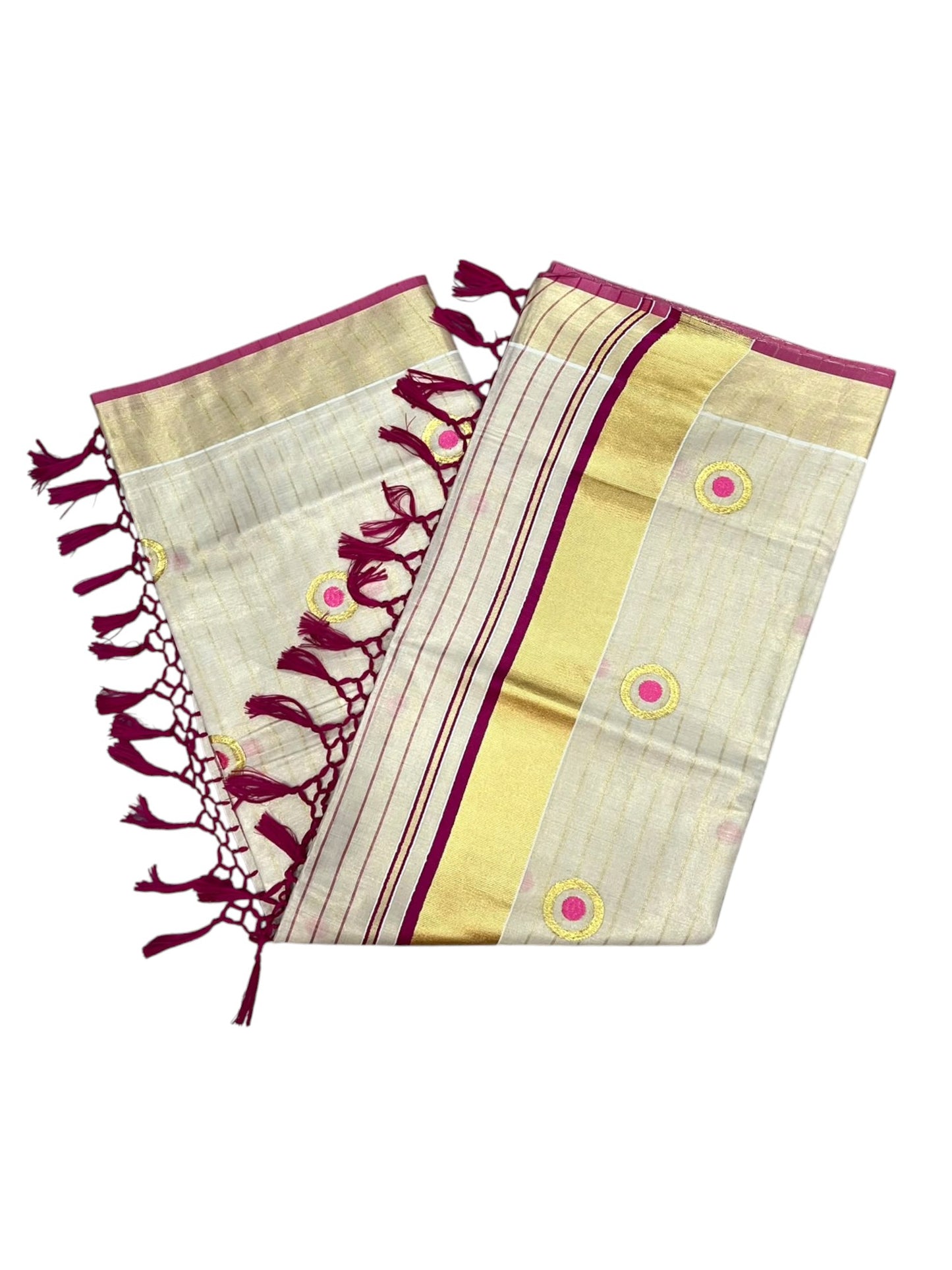 Southloom Kerala Tissue Kasavu Saree with Polka Embroidery Works on Body in Pink