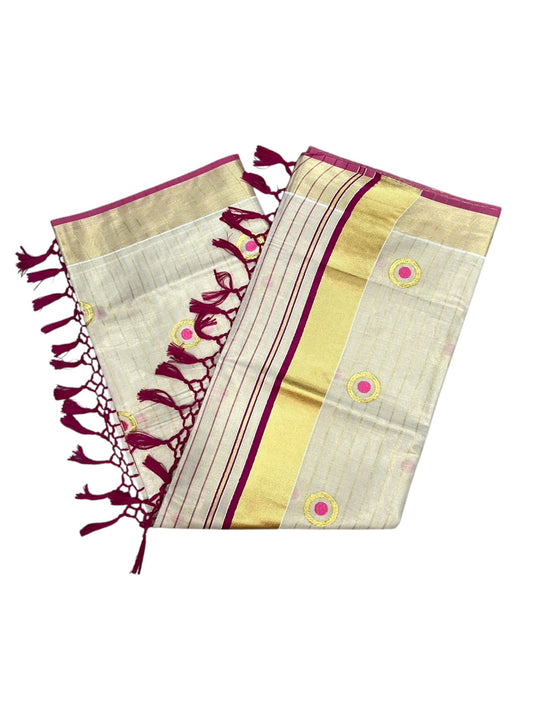 Southloom Kerala Tissue Kasavu Saree with Polka Embroidery Works on Body in Pink
