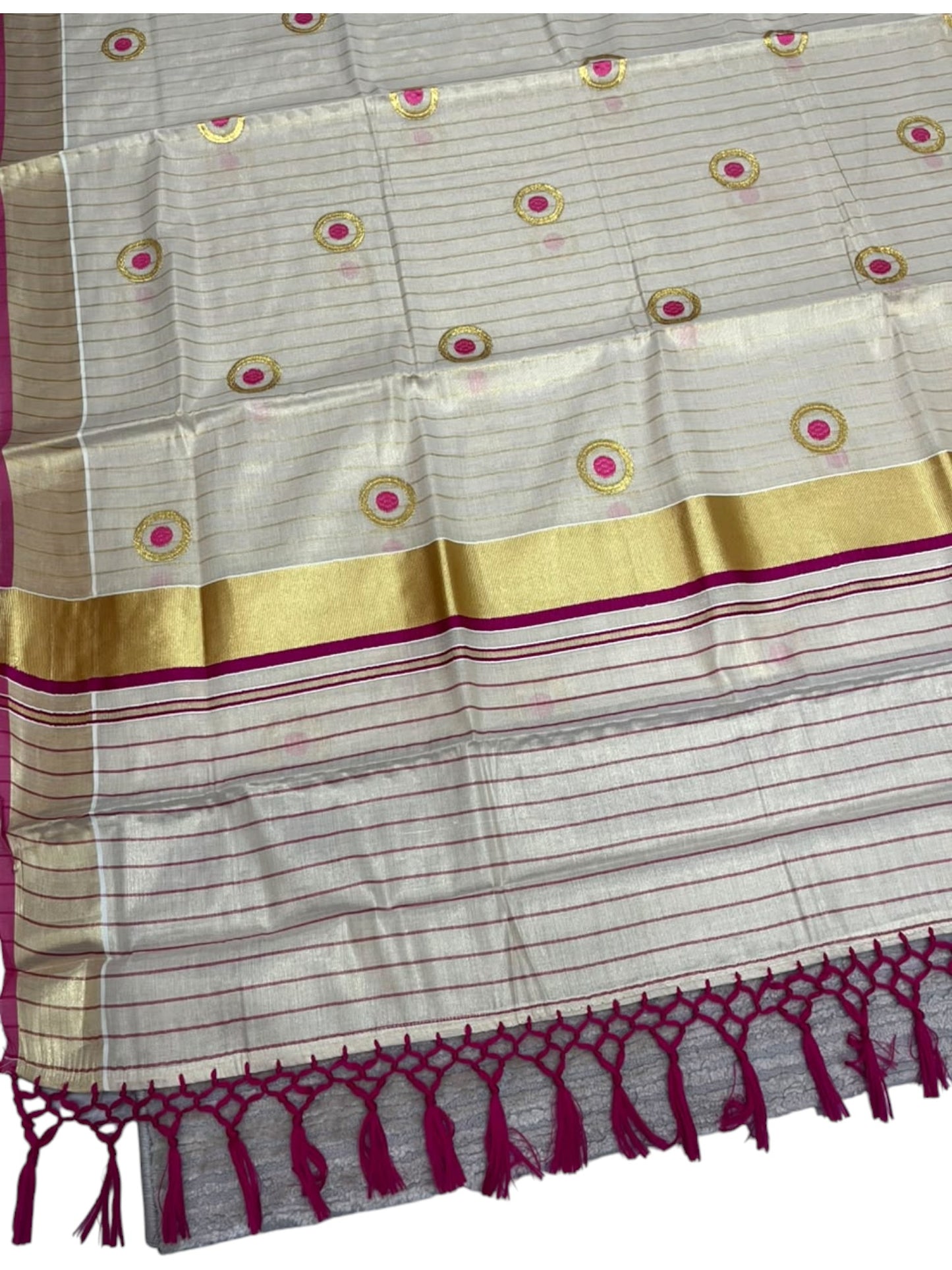 Southloom Kerala Tissue Kasavu Saree with Polka Embroidery Works on Body in Pink