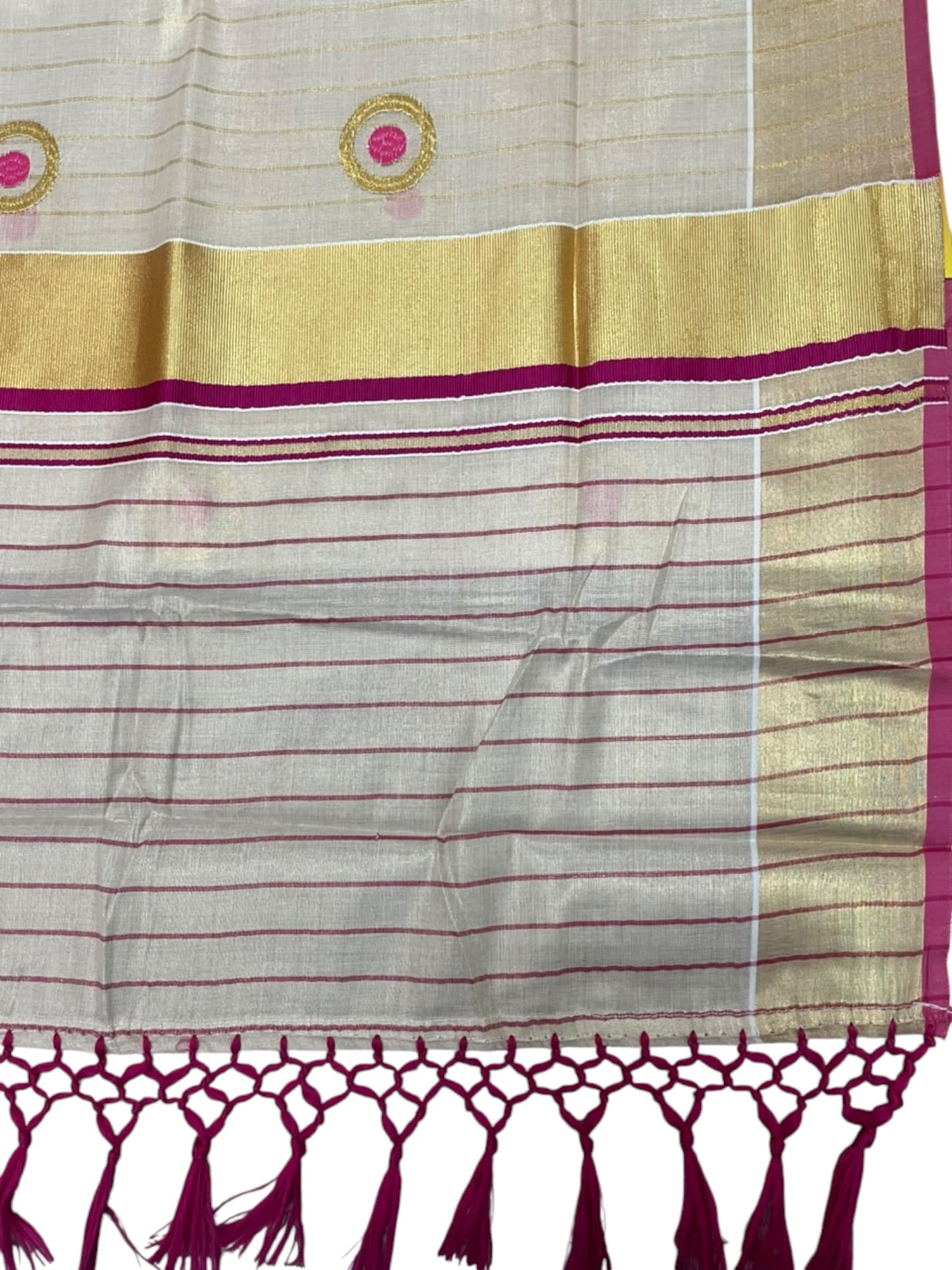 Southloom Kerala Tissue Kasavu Saree with Polka Embroidery Works on Body in Pink