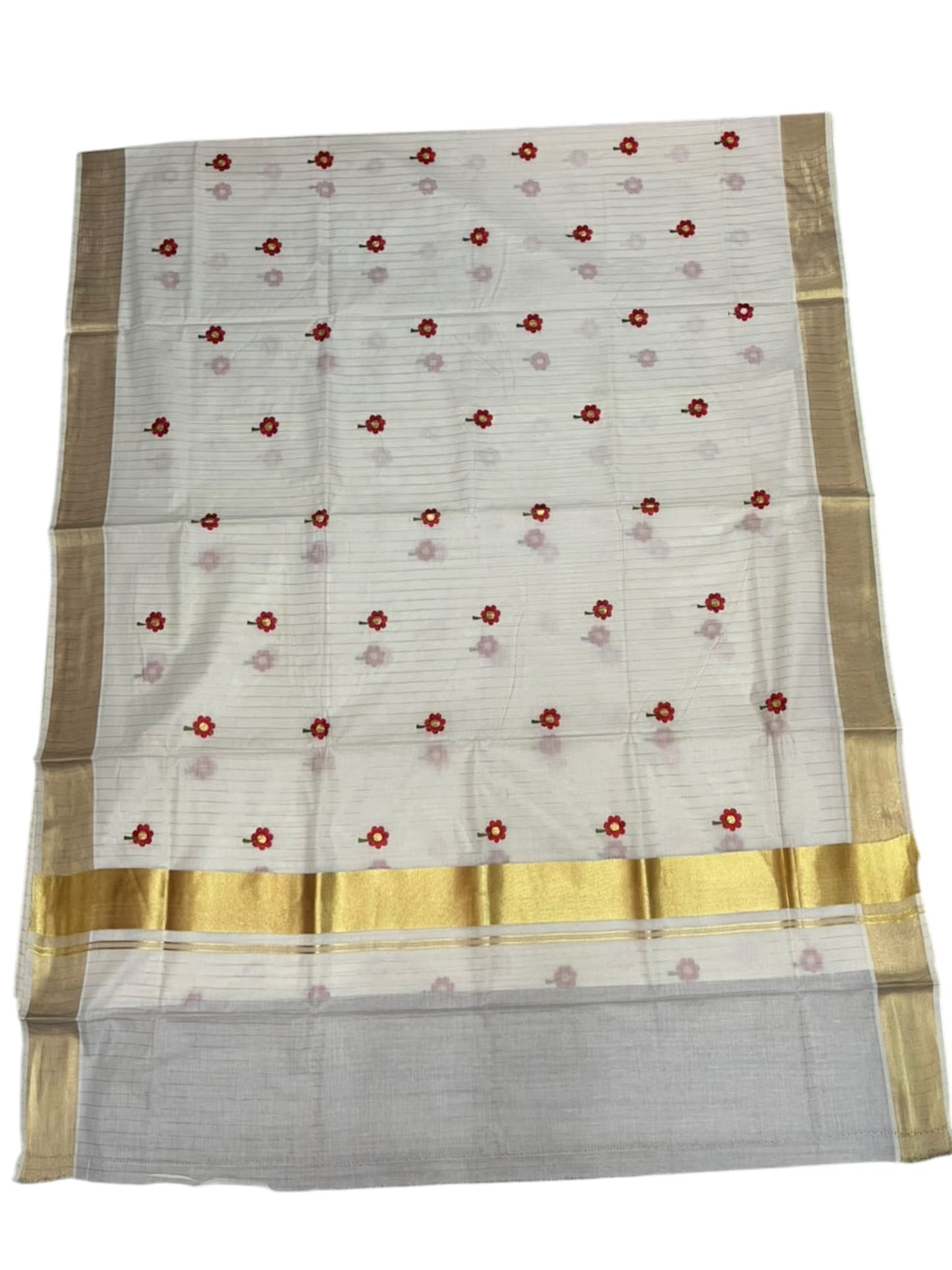 Southloom Kerala Cotton Kasavu Line Saree with Red Floral Embroidery Works