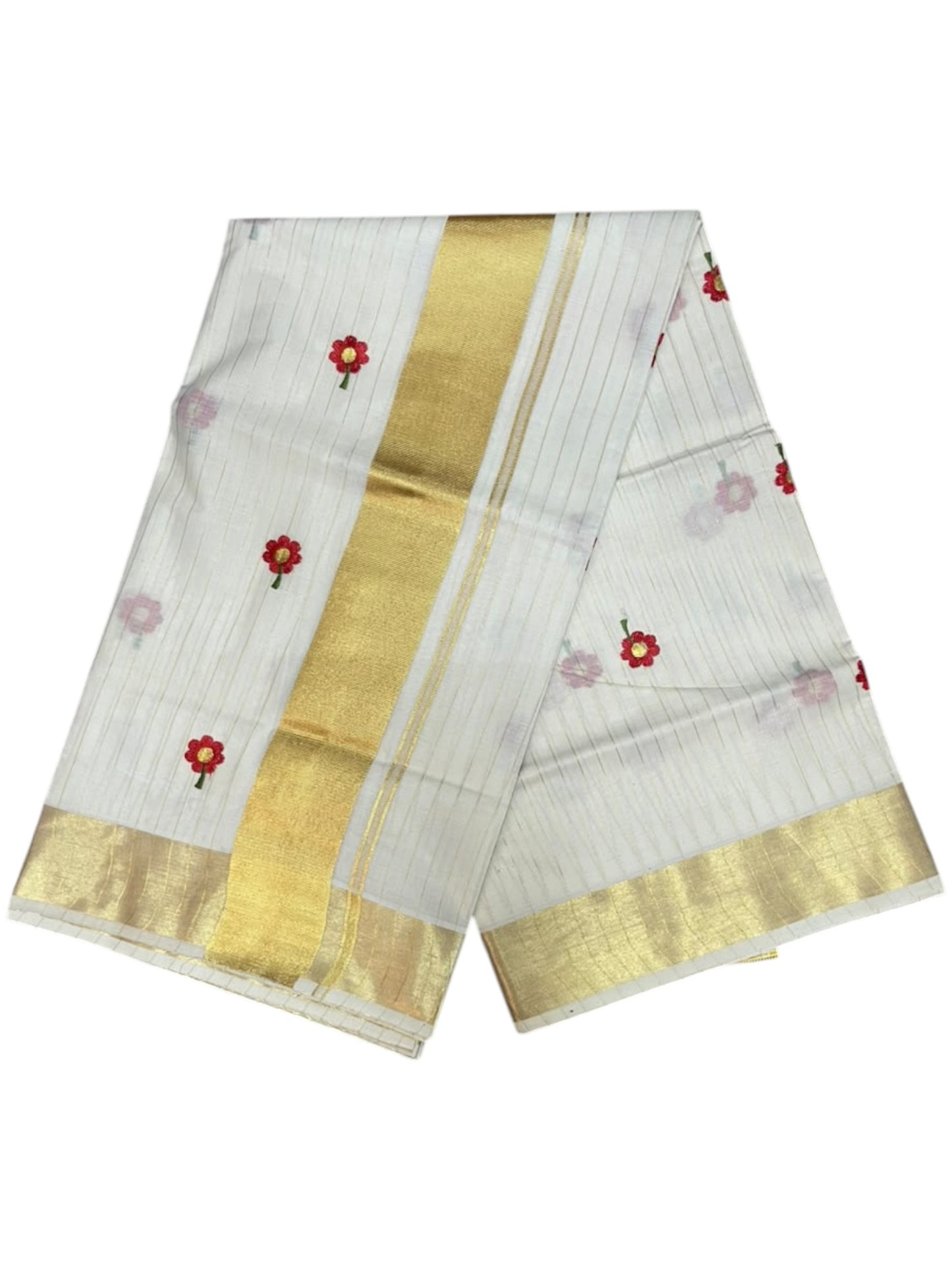 Southloom Kerala Cotton Kasavu Line Saree with Red Floral Embroidery Works