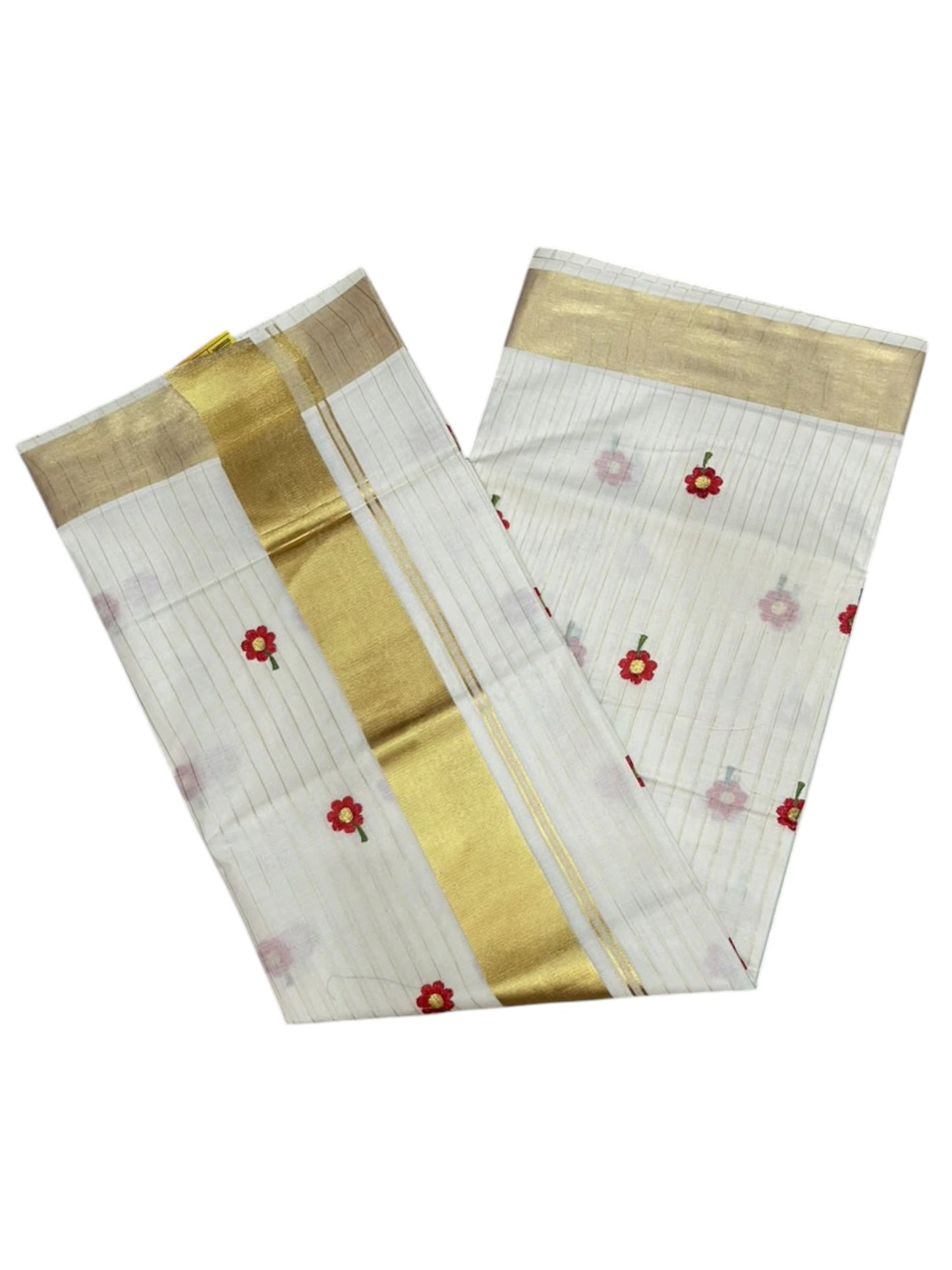 Southloom Kerala Cotton Kasavu Line Saree with Red Floral Embroidery Works