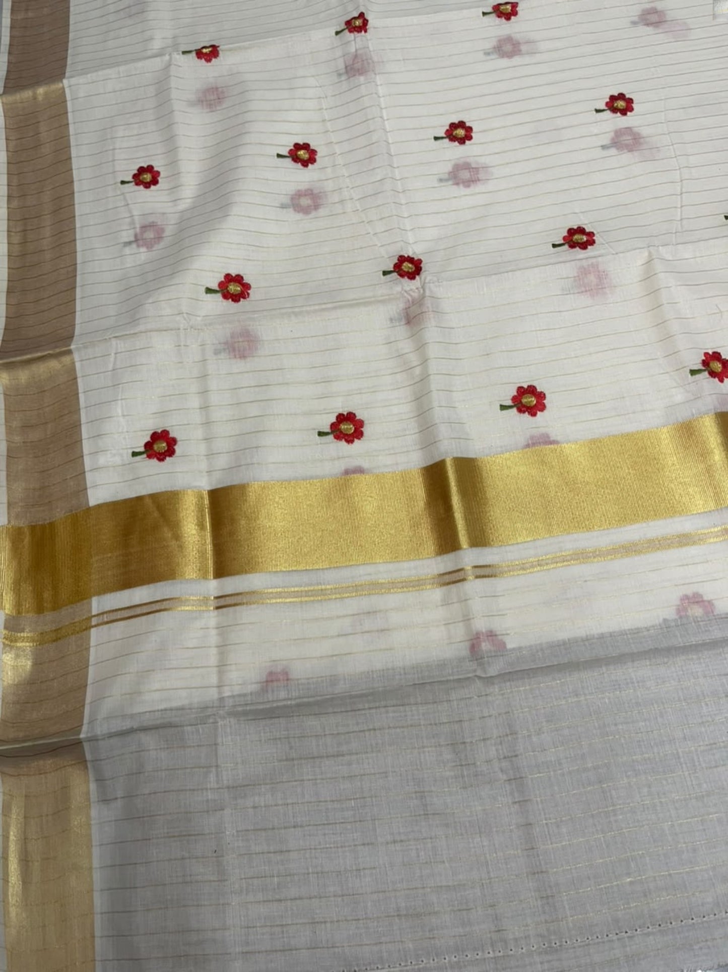 Southloom Kerala Cotton Kasavu Line Saree with Red Floral Embroidery Works