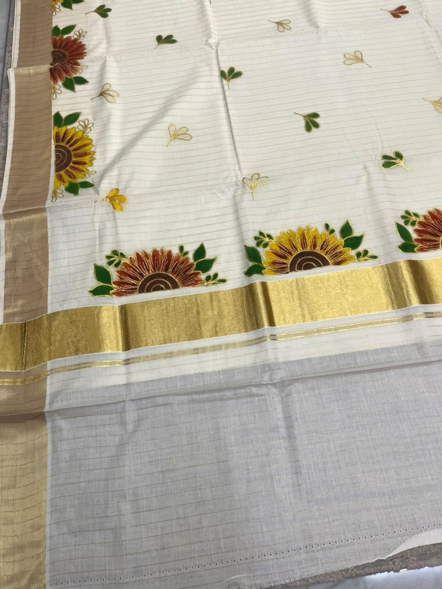 Southloom Kerala Cotton Kasavu Lines Saree with Embroidery Work in Yellow Floral Print