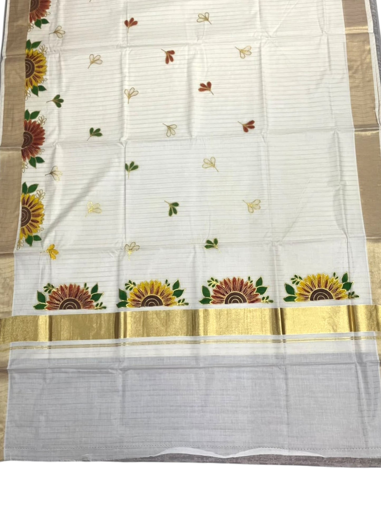 Southloom Kerala Cotton Kasavu Lines Saree with Embroidery Work in Yellow Floral Print