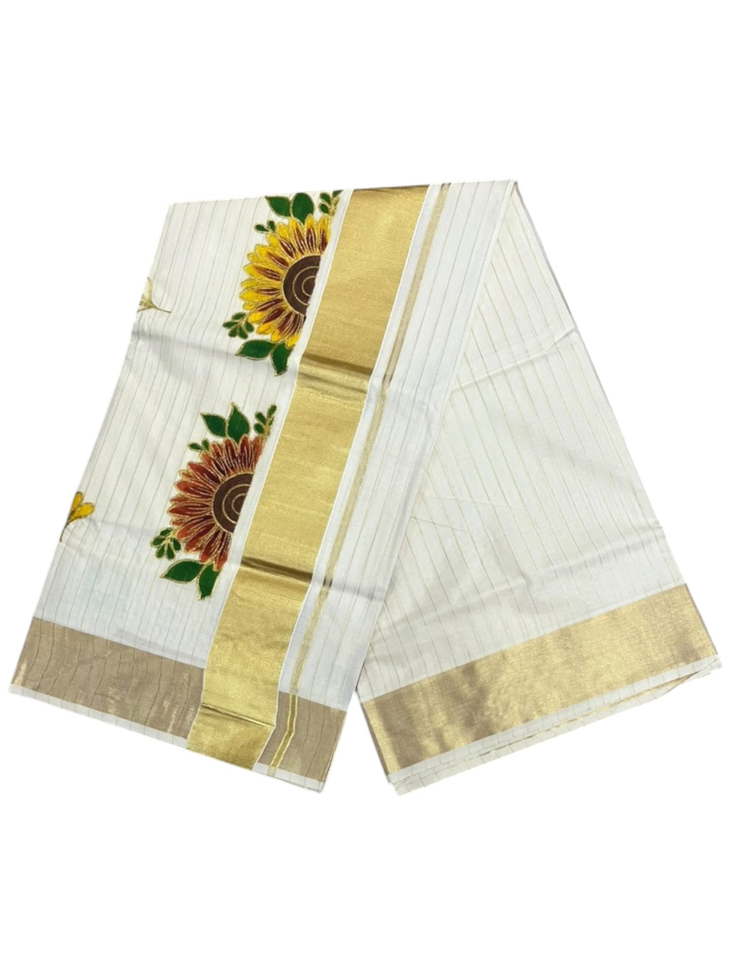 Southloom Kerala Cotton Kasavu Lines Saree with Embroidery Work in Yellow Floral Print
