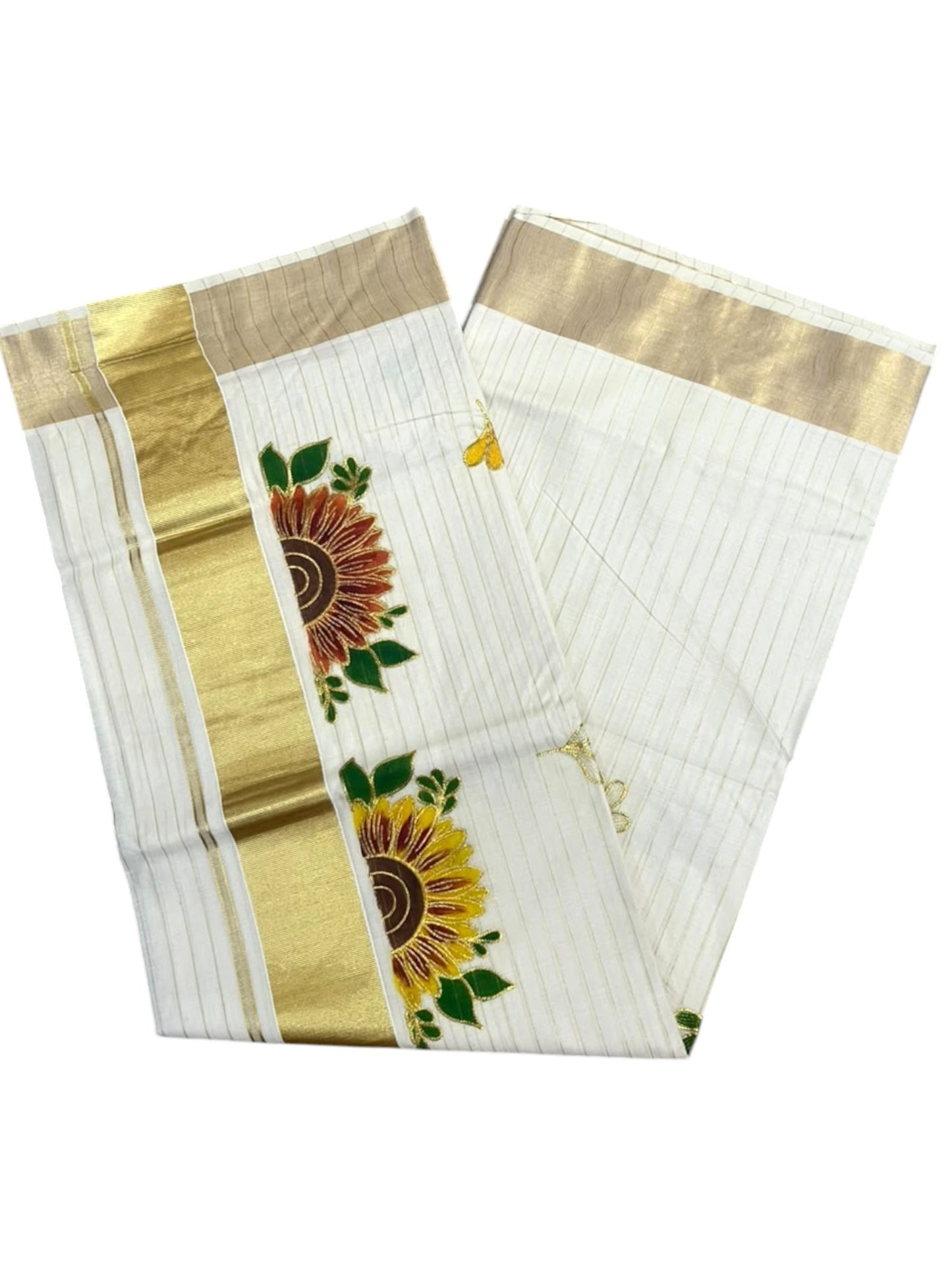 Southloom Kerala Cotton Kasavu Lines Saree with Embroidery Work in Yellow Floral Print