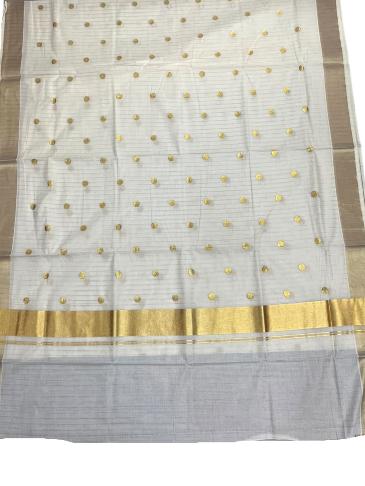 Kerala Southloom Cotton Lines Saree With Golden Polka Embroidery Design & Kasavu Border