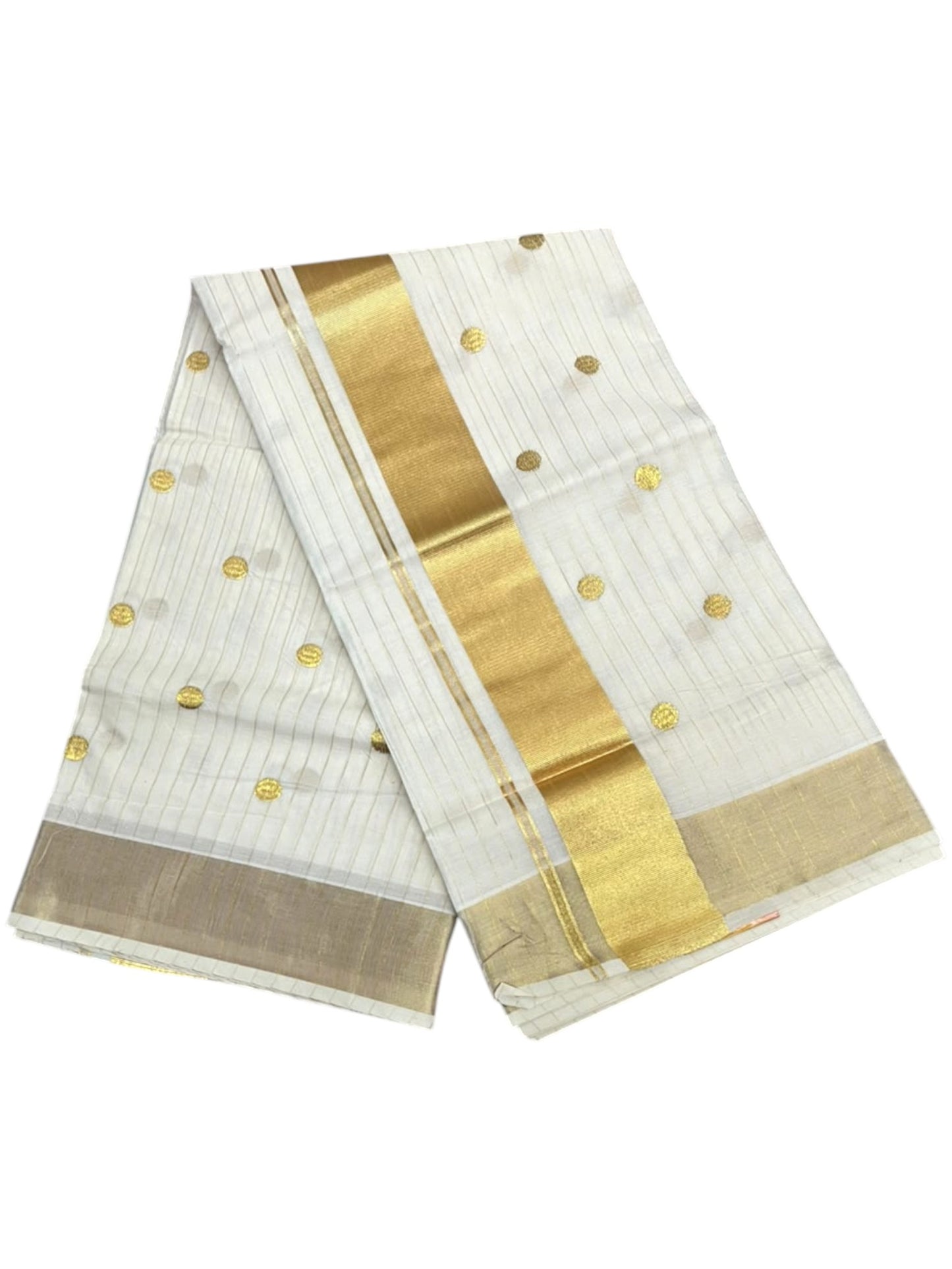 Kerala Southloom Cotton Lines Saree With Golden Polka Embroidery Design & Kasavu Border