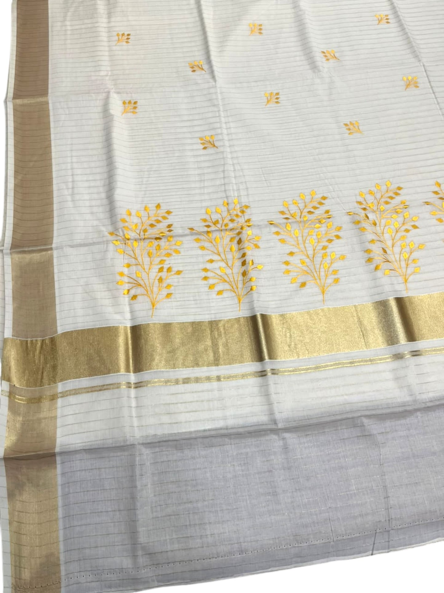 Southloom Kerala Cotton Kasavu Line Saree with Yellow Lotus Embroidery Works