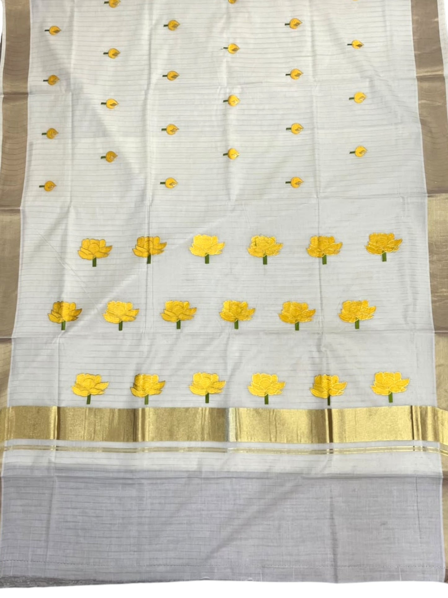 Southloom Kerala Cotton Kasavu Line Saree with Yellow Lotus Embroidery Works