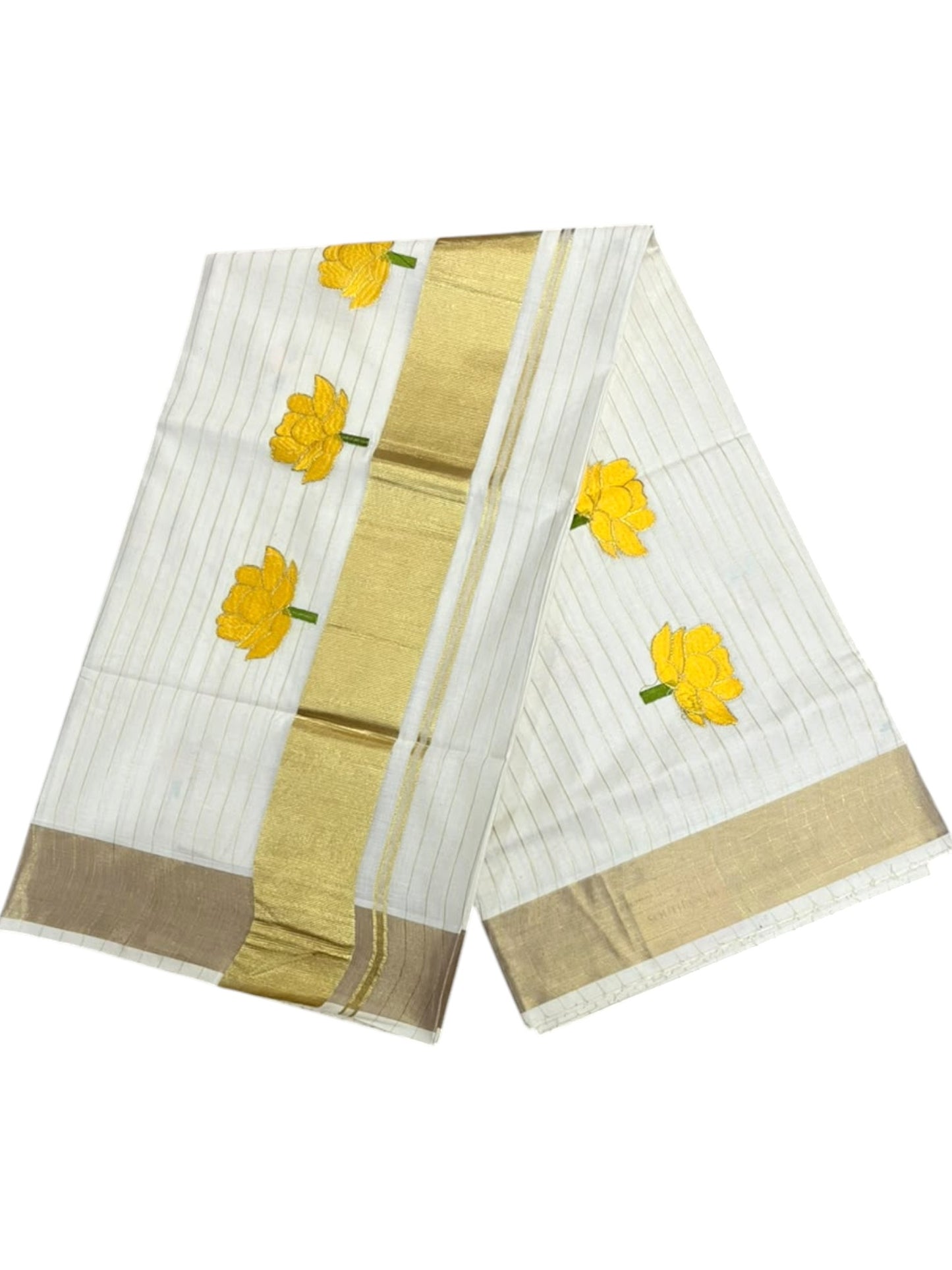 Southloom Kerala Cotton Kasavu Line Saree with Yellow Lotus Embroidery Works