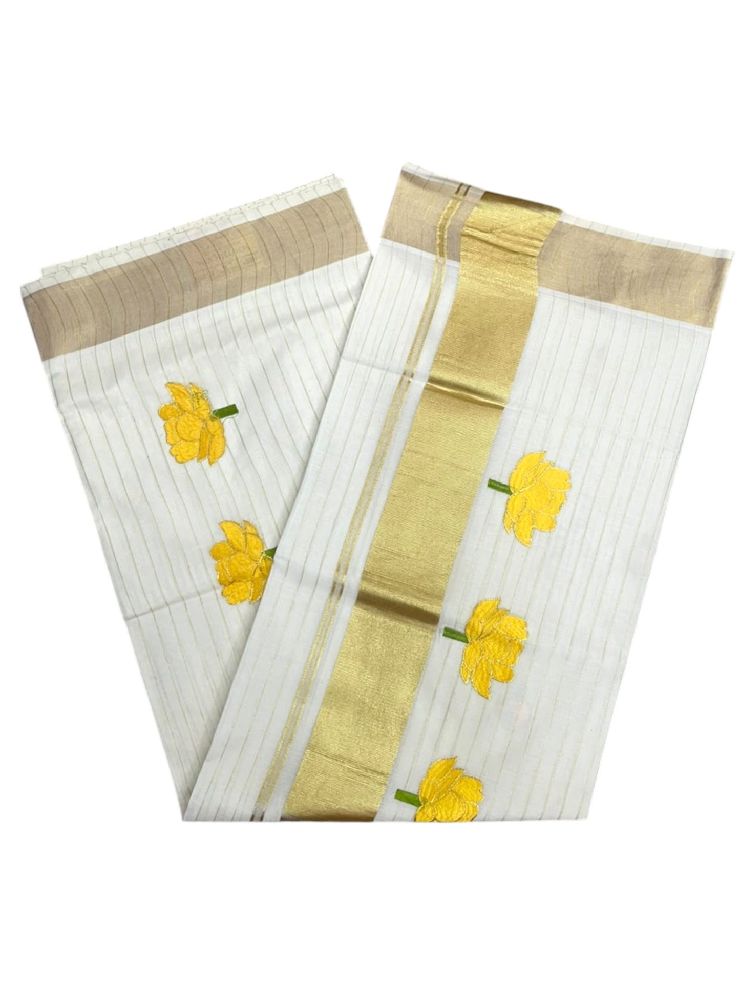 Southloom Kerala Cotton Kasavu Line Saree with Yellow Lotus Embroidery Works