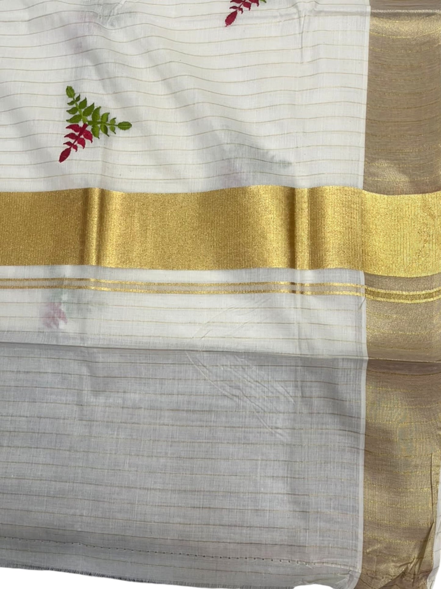 Southloom Kerala Cotton Kasavu Stripes Saree with Floral Embroidery Design in Red and Green