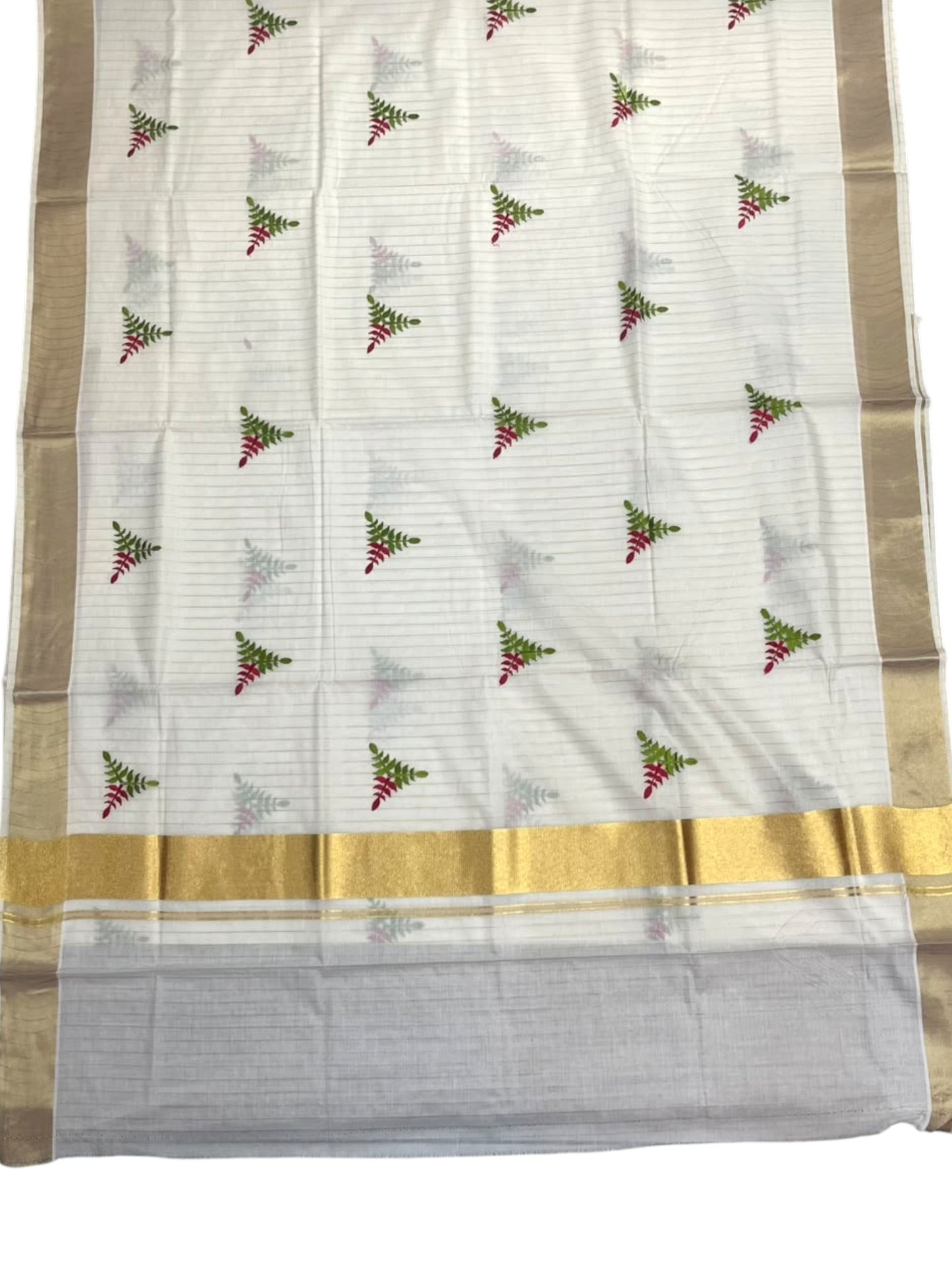 Southloom Kerala Cotton Kasavu Stripes Saree with Floral Embroidery Design in Red and Green