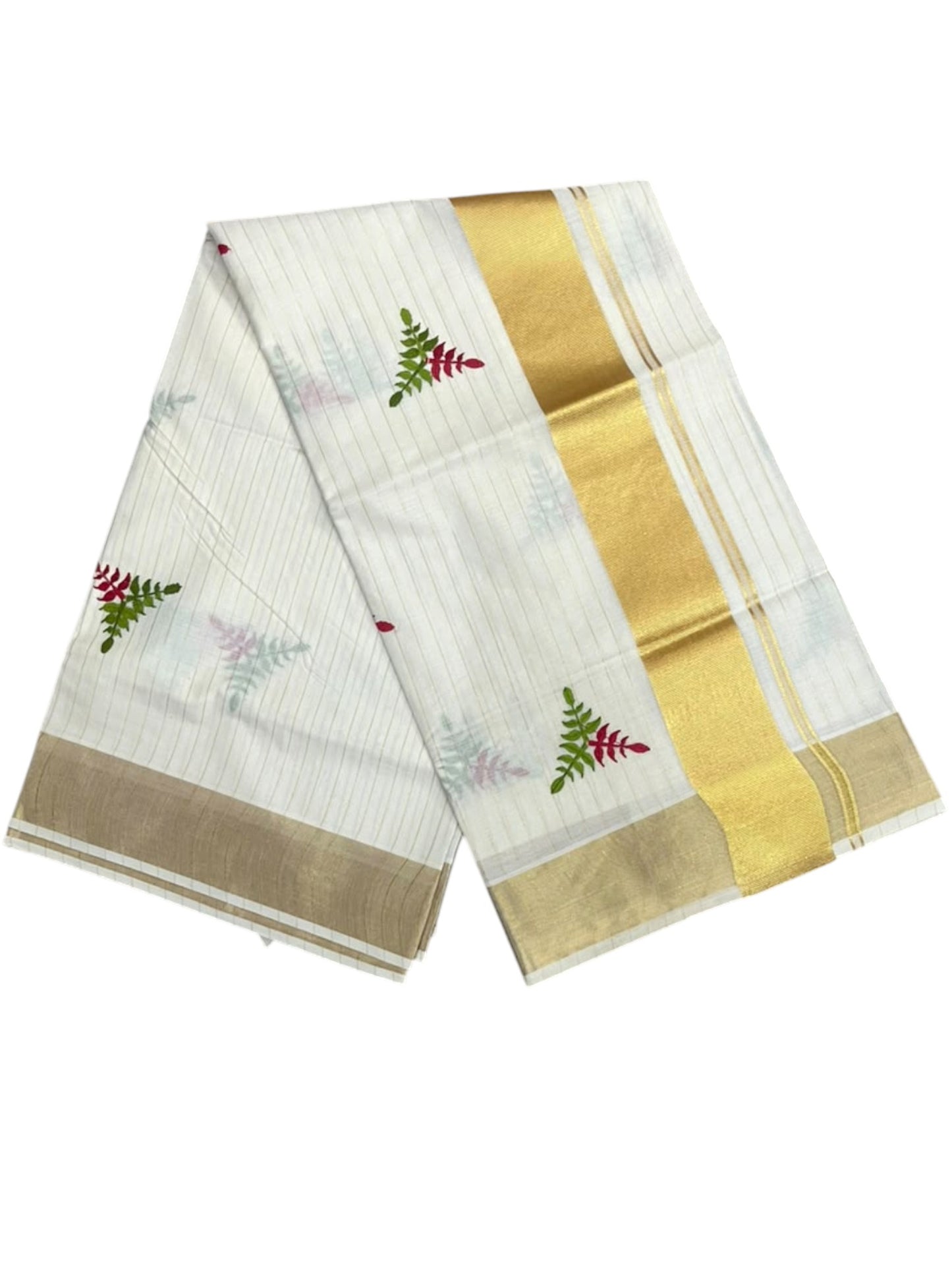 Southloom Kerala Cotton Kasavu Stripes Saree with Floral Embroidery Design in Red and Green