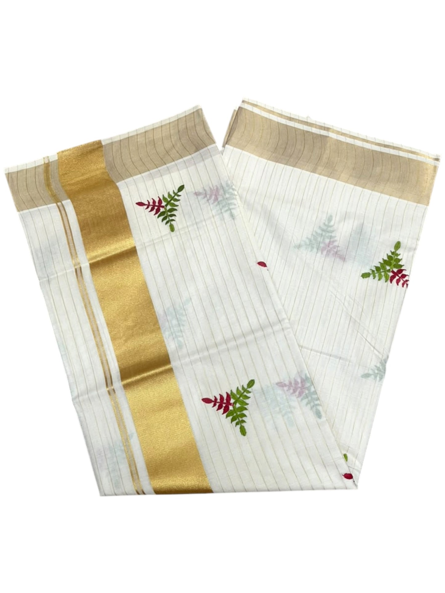 Southloom Kerala Cotton Kasavu Stripes Saree with Floral Embroidery Design in Red and Green