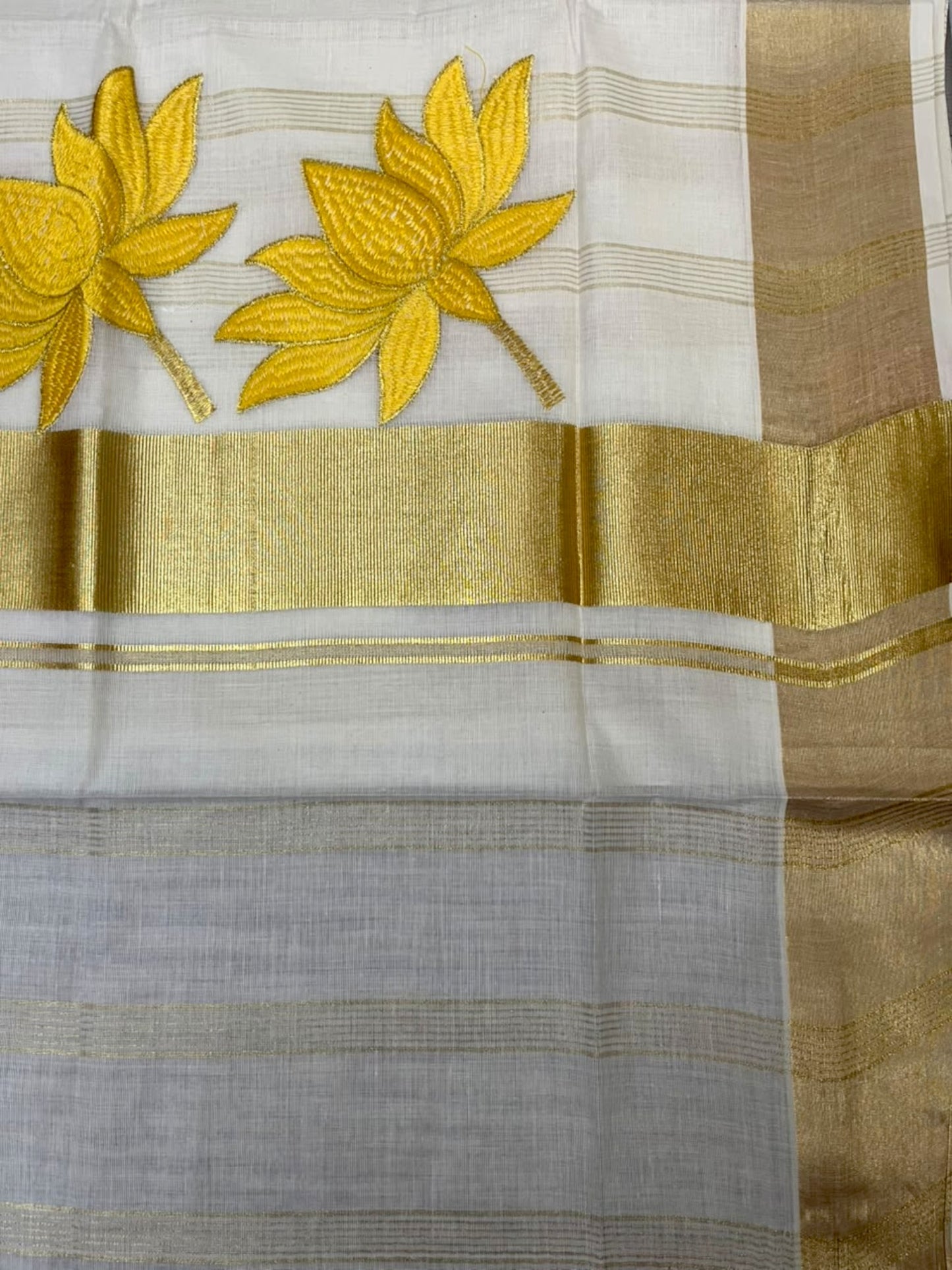 Southloom Kerala Cotton Kasavu Line Saree with Yellow Lotus Embroidery Works