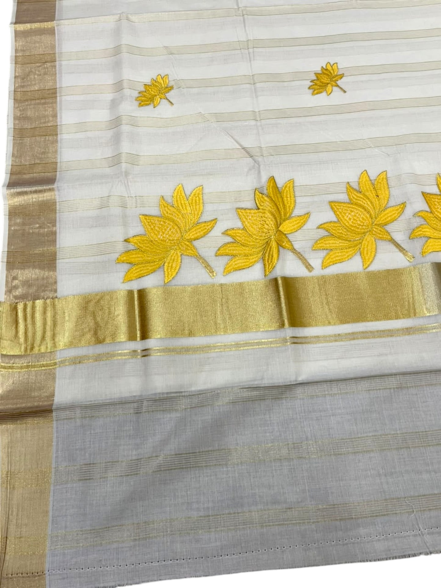 Southloom Kerala Cotton Kasavu Line Saree with Yellow Lotus Embroidery Works