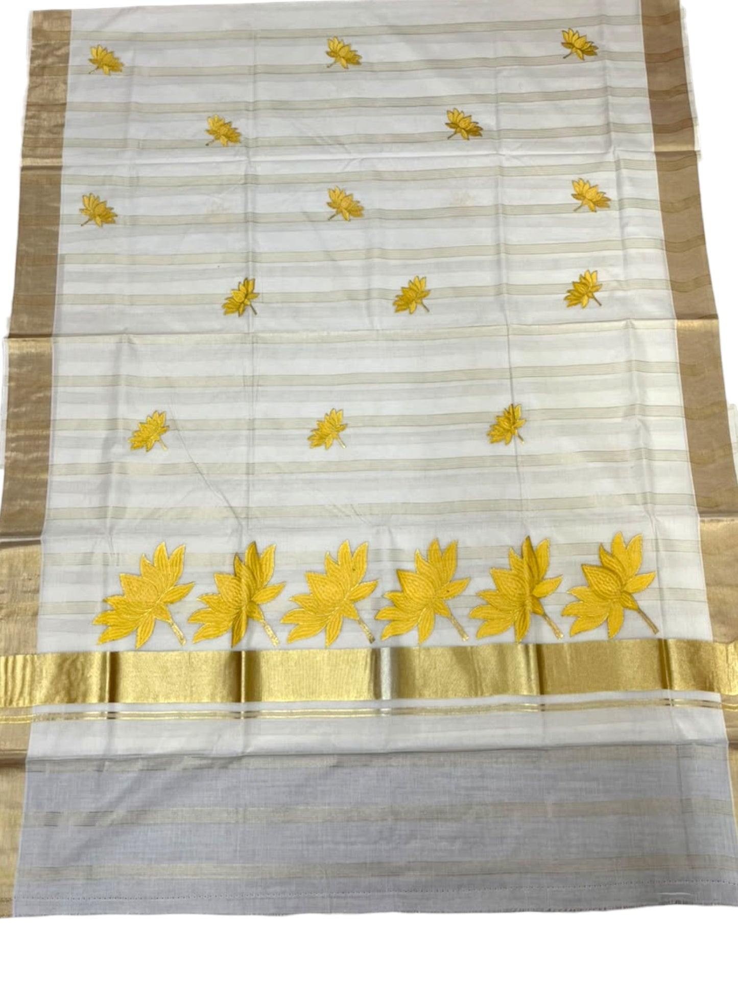 Southloom Kerala Cotton Kasavu Line Saree with Yellow Lotus Embroidery Works