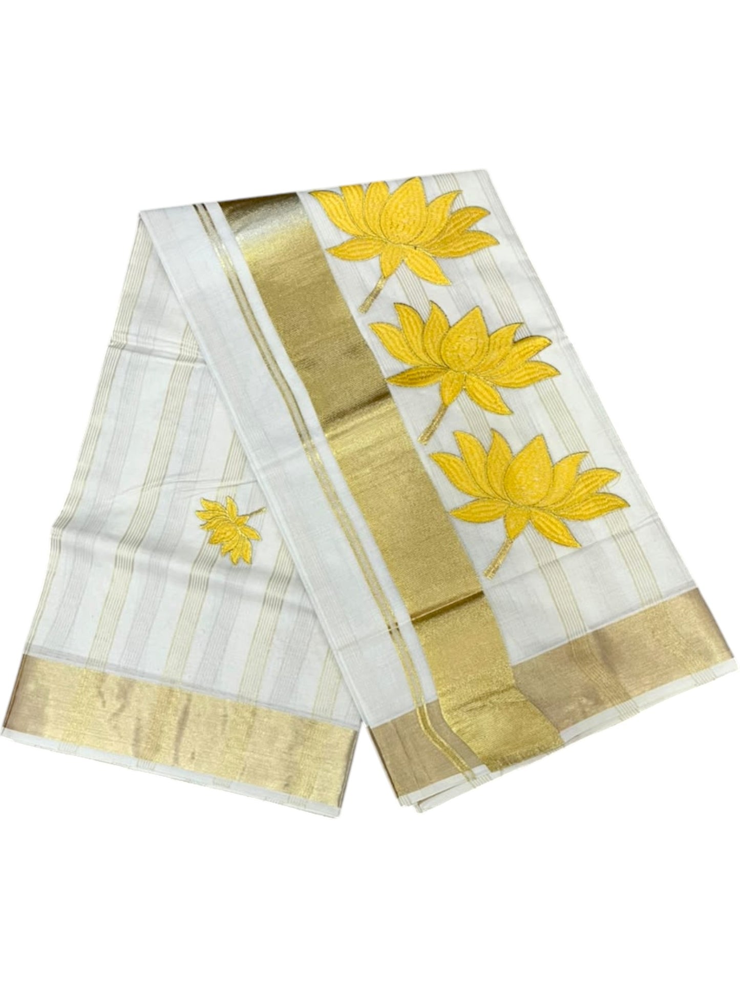 Southloom Kerala Cotton Kasavu Line Saree with Yellow Lotus Embroidery Works