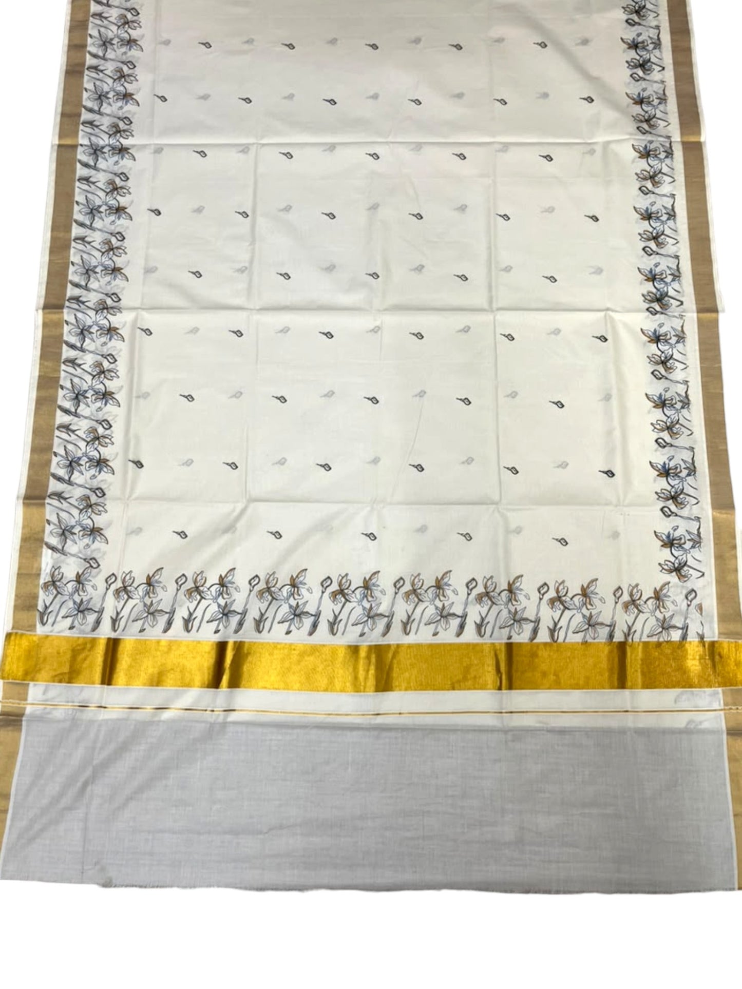 Southloom Kerala Cotton Kasavu Saree with Floral Digital Print In Brown