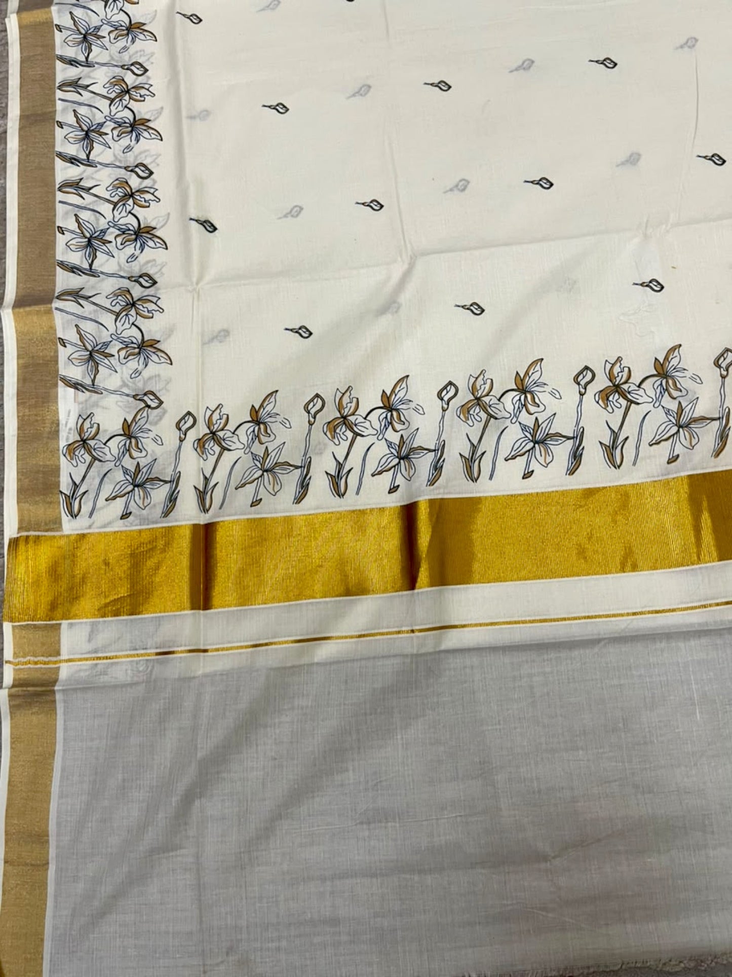 Southloom Kerala Cotton Kasavu Saree with Floral Digital Print In Brown