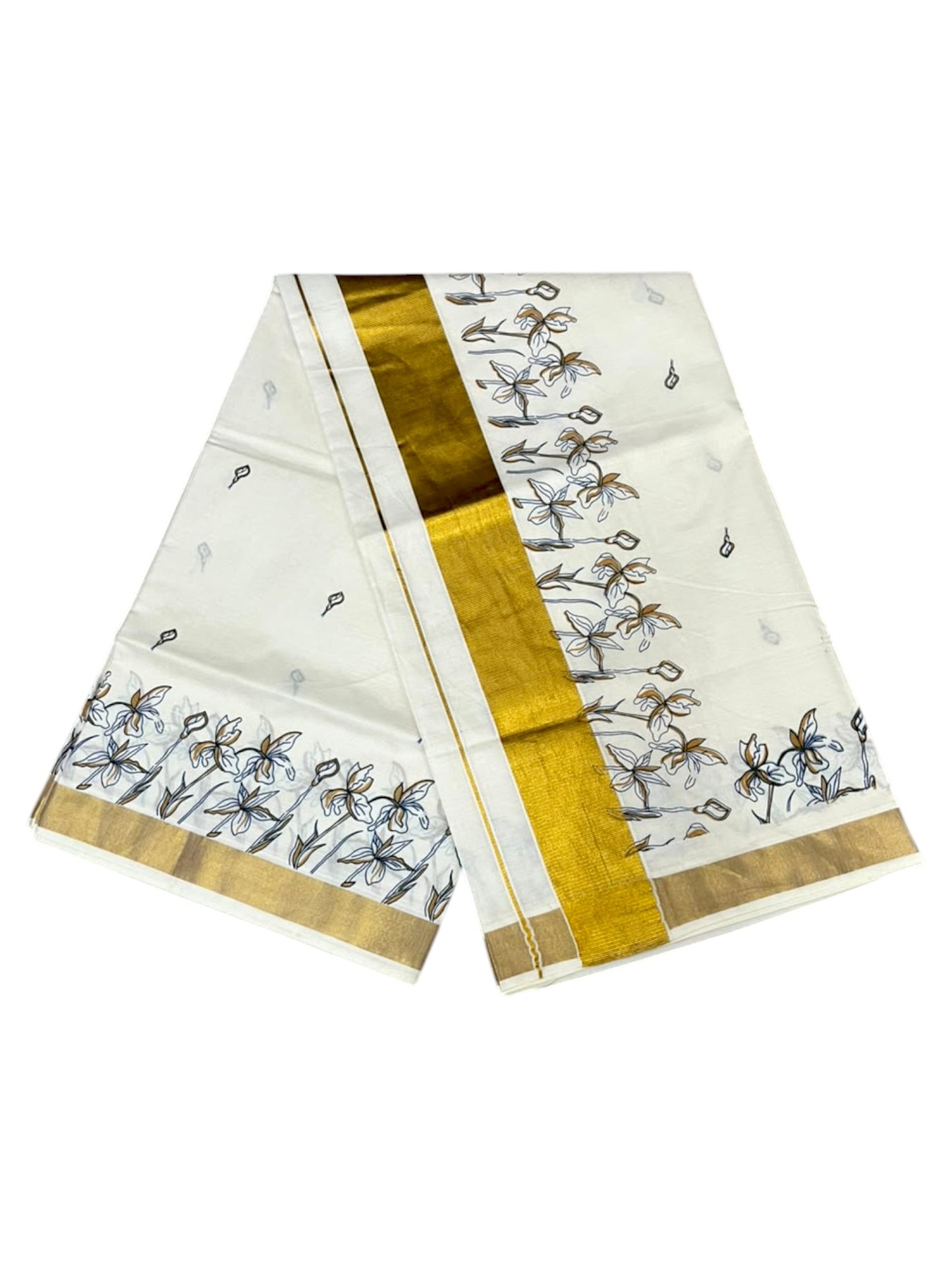 Southloom Kerala Cotton Kasavu Saree with Floral Digital Print In Brown