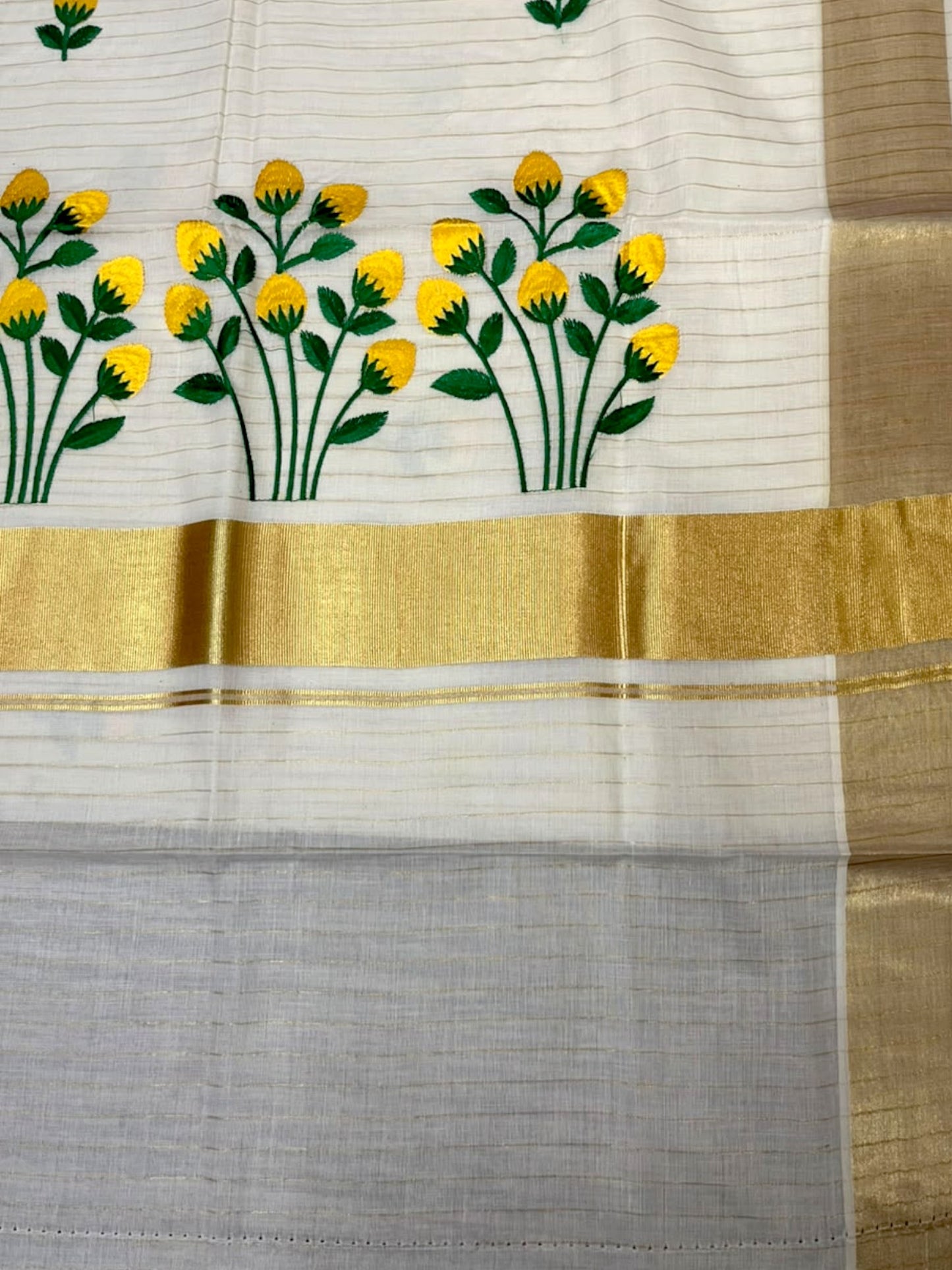 Southloom Kerala Cotton Kasavu Stripes Saree with Floral Embroidery Design in Yellow