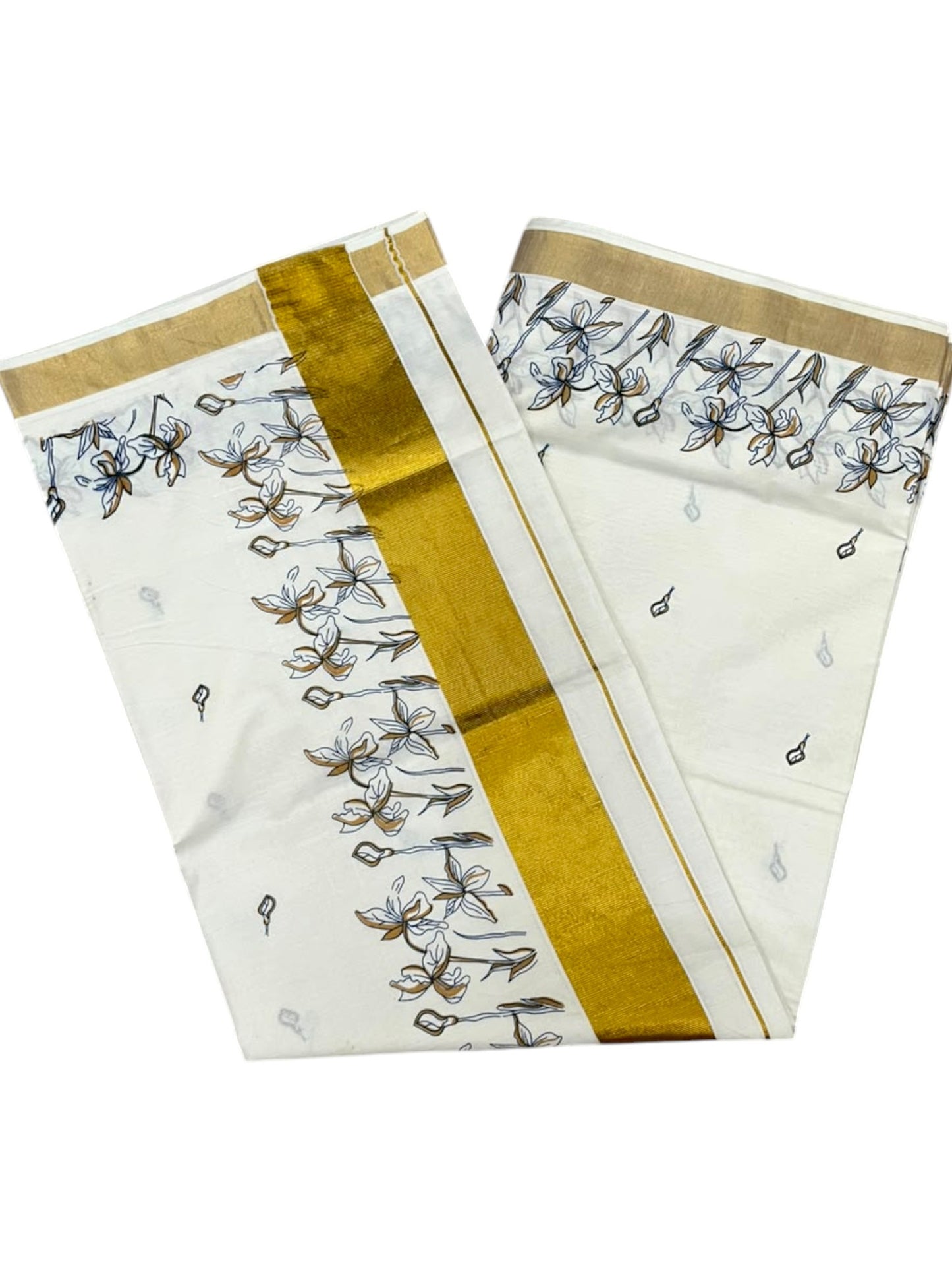 Southloom Kerala Cotton Kasavu Saree with Floral Digital Print In Brown