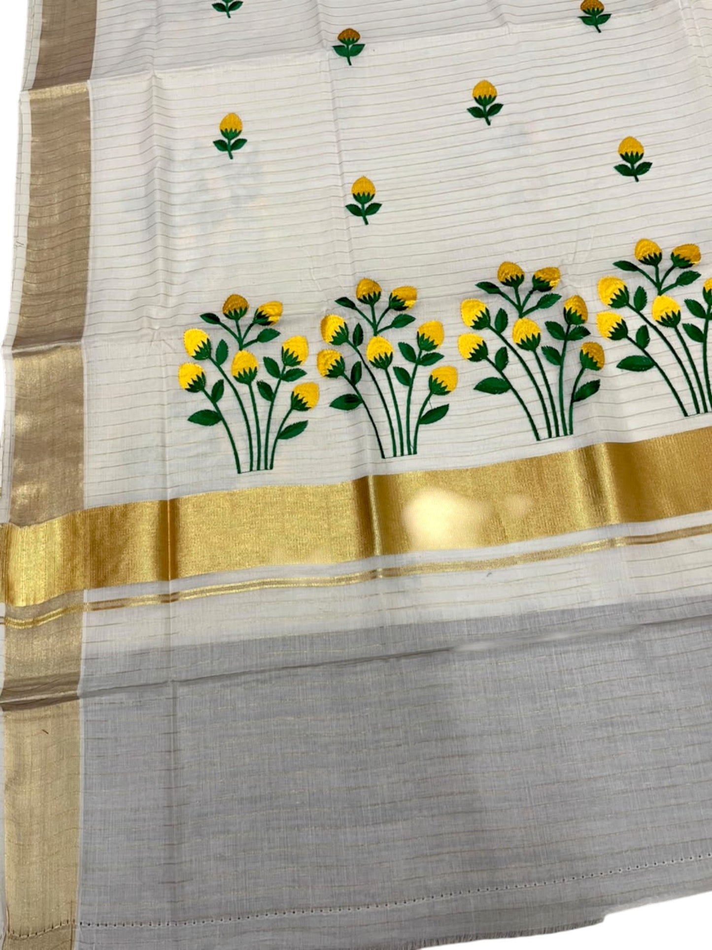 Southloom Kerala Cotton Kasavu Stripes Saree with Floral Embroidery Design in Yellow