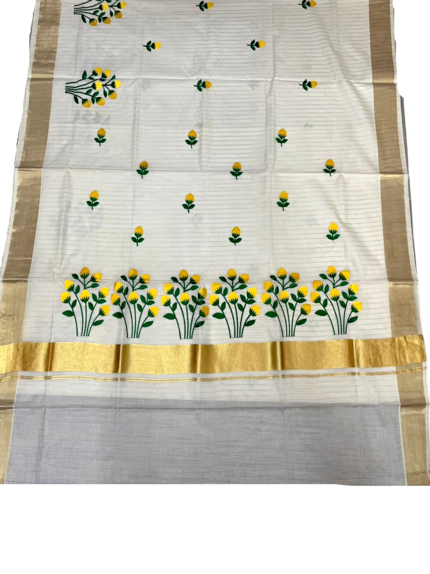 Southloom Kerala Cotton Kasavu Stripes Saree with Floral Embroidery Design in Yellow