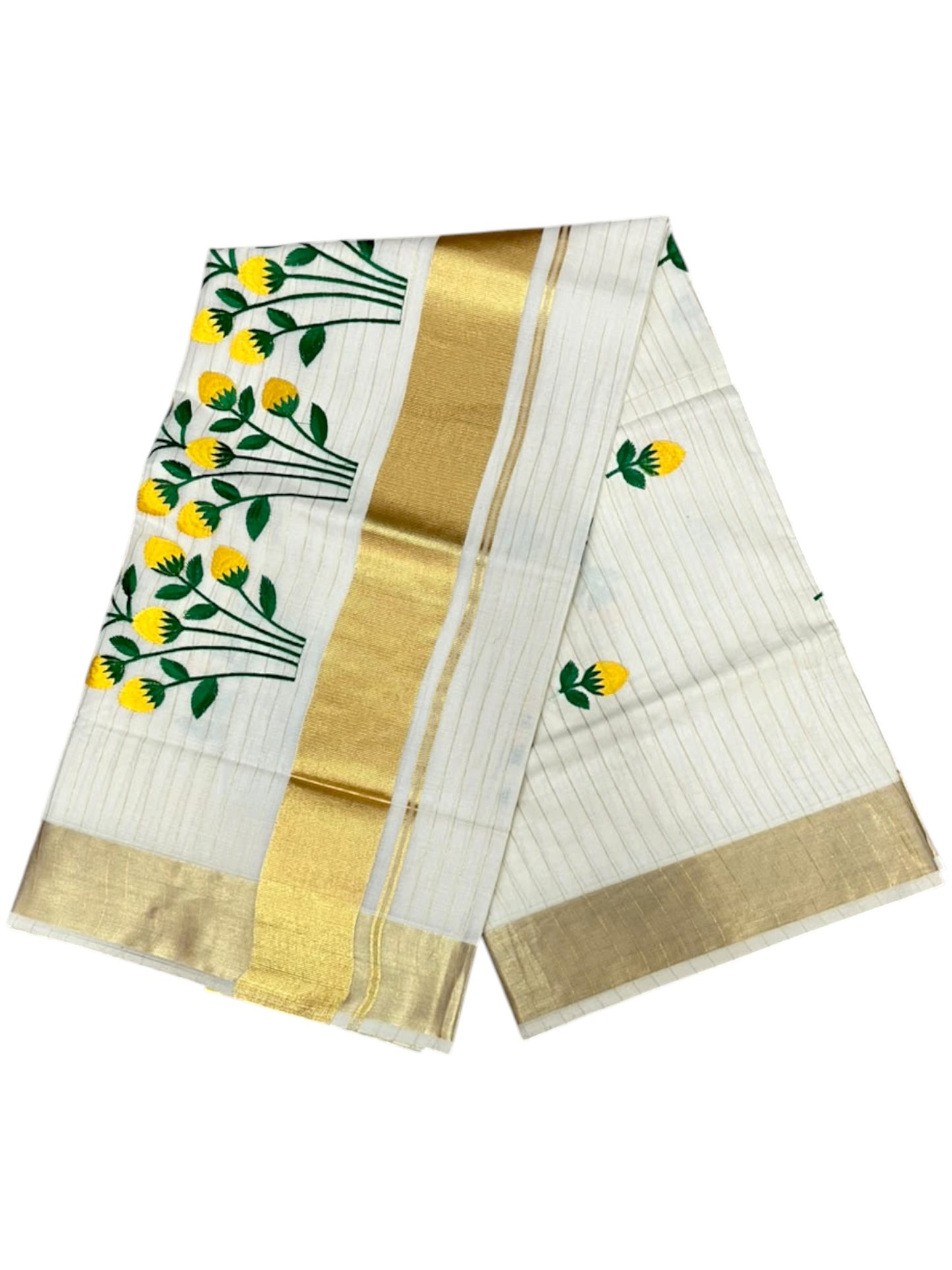 Southloom Kerala Cotton Kasavu Stripes Saree with Floral Embroidery Design in Yellow