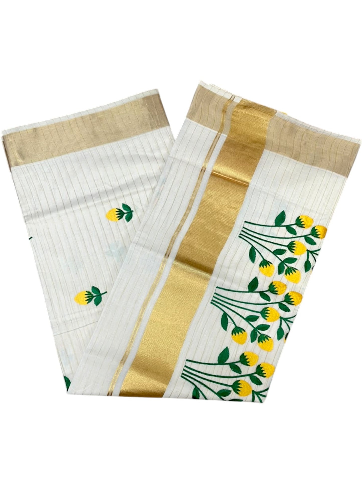 Southloom Kerala Cotton Kasavu Stripes Saree with Floral Embroidery Design in Yellow