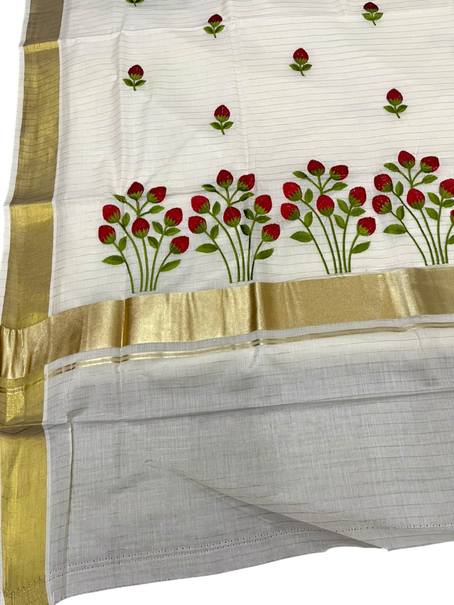Southloom Kerala Cotton Kasavu Stripes Saree with Floral Embroidery Design in Red And Green
