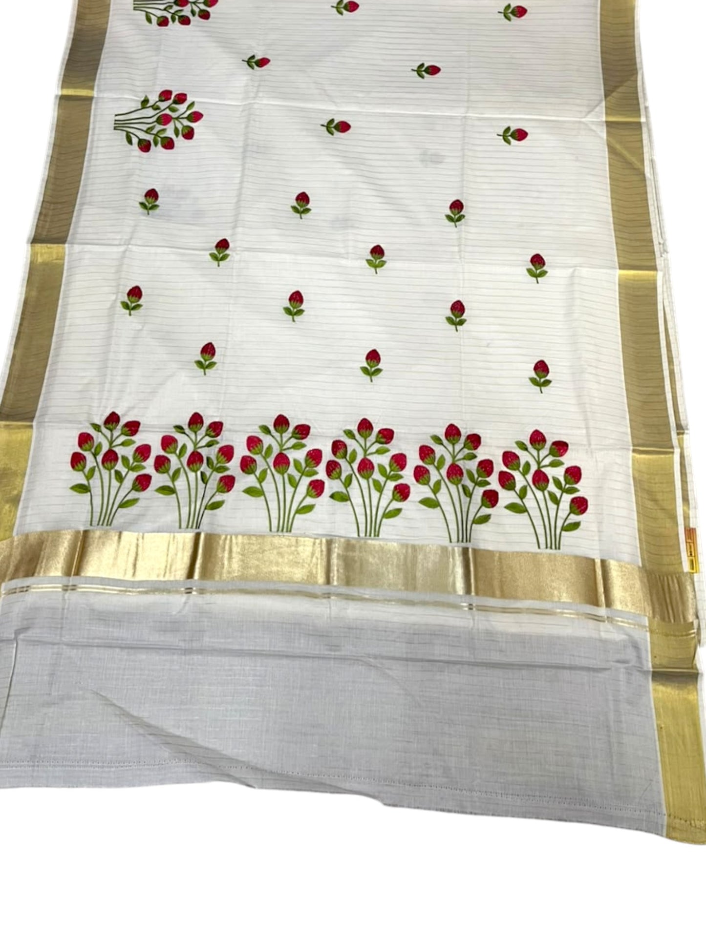 Southloom Kerala Cotton Kasavu Stripes Saree with Floral Embroidery Design in Red And Green