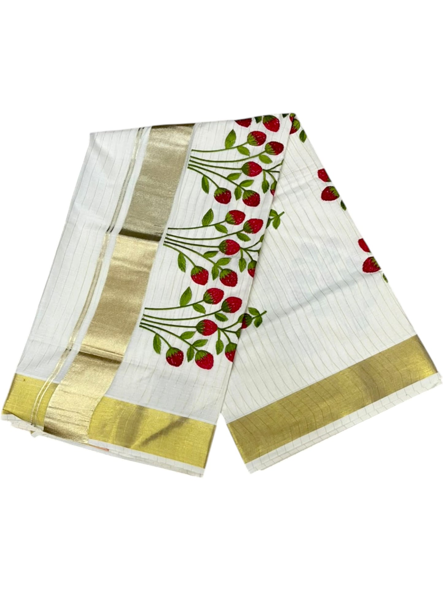 Southloom Kerala Cotton Kasavu Stripes Saree with Floral Embroidery Design in Red And Green