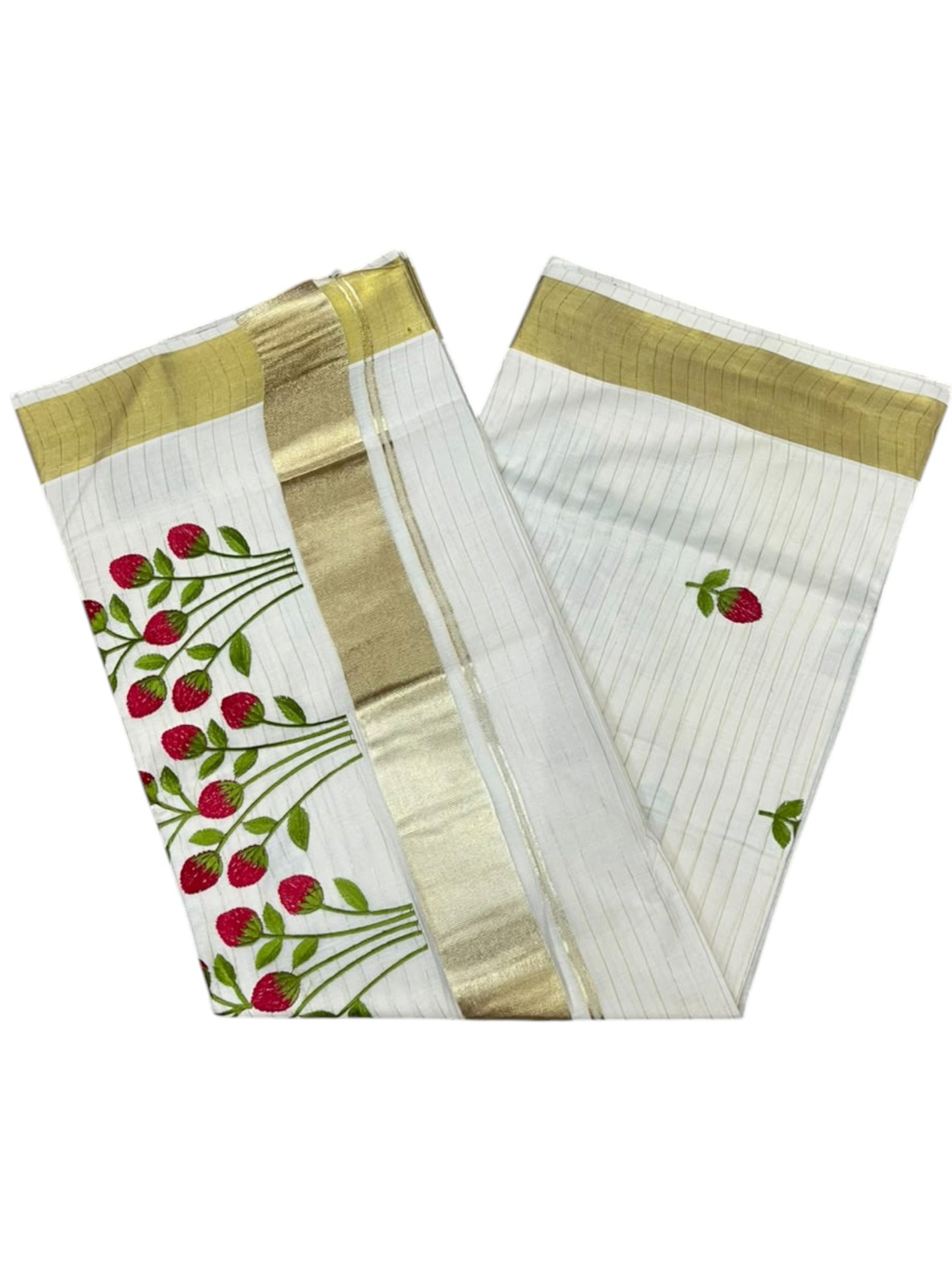 Southloom Kerala Cotton Kasavu Stripes Saree with Floral Embroidery Design in Red And Green