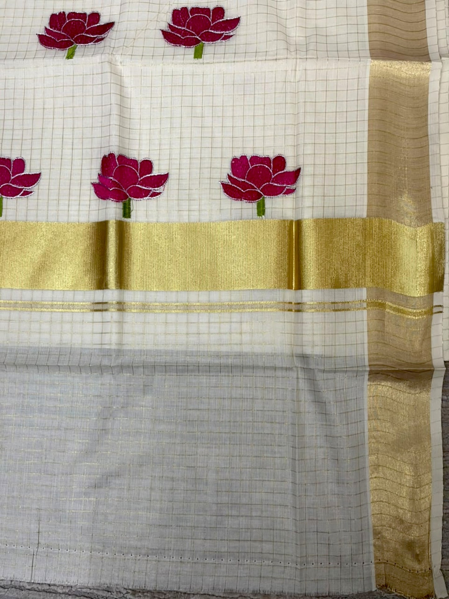 Southloom Kerala Cotton Check Kasavu Saree with Pink Lotus Embroidery Design