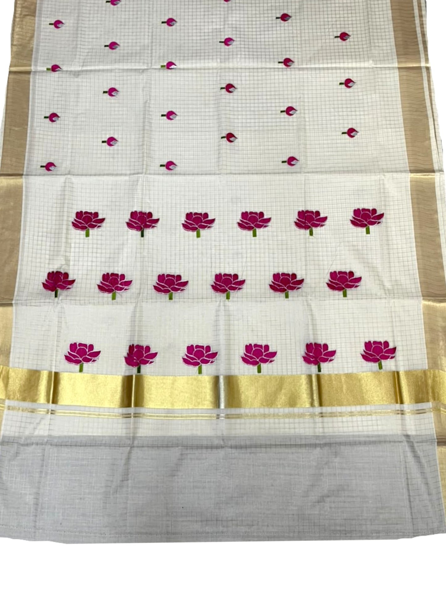 Southloom Kerala Cotton Check Kasavu Saree with Pink Lotus Embroidery Design