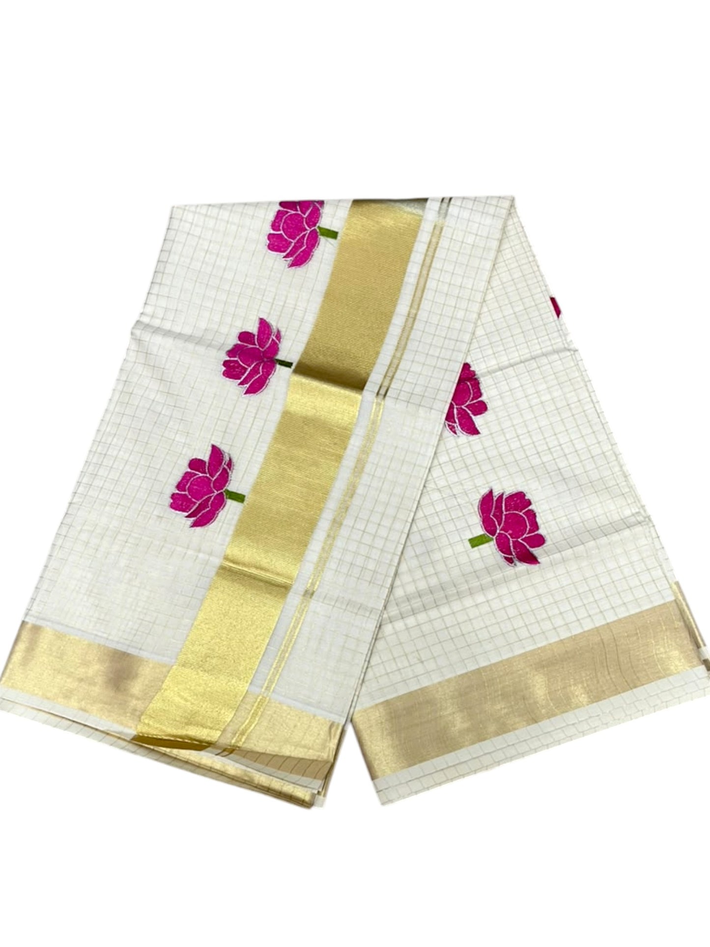 Southloom Kerala Cotton Check Kasavu Saree with Pink Lotus Embroidery Design