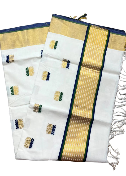 Southloom Kerala Premium Cotton Handloom Saree With Lotus Design On The Body With Blue and Green Borders SL624