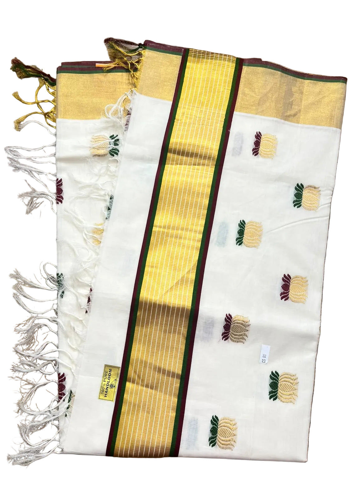 Southloom Kerala Premium Cotton Handloom Saree With Lotus Design On The Body With Maroon And Green Borders SL624