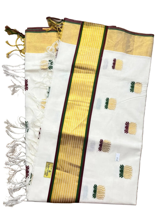 Southloom Kerala Premium Cotton Handloom Saree With Lotus Design On The Body With Maroon And Green Borders SL624