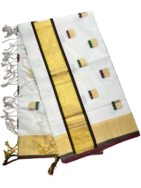 Southloom Kerala Premium Cotton Handloom Saree With Lotus Design On The Body With Maroon And Green Borders SL624