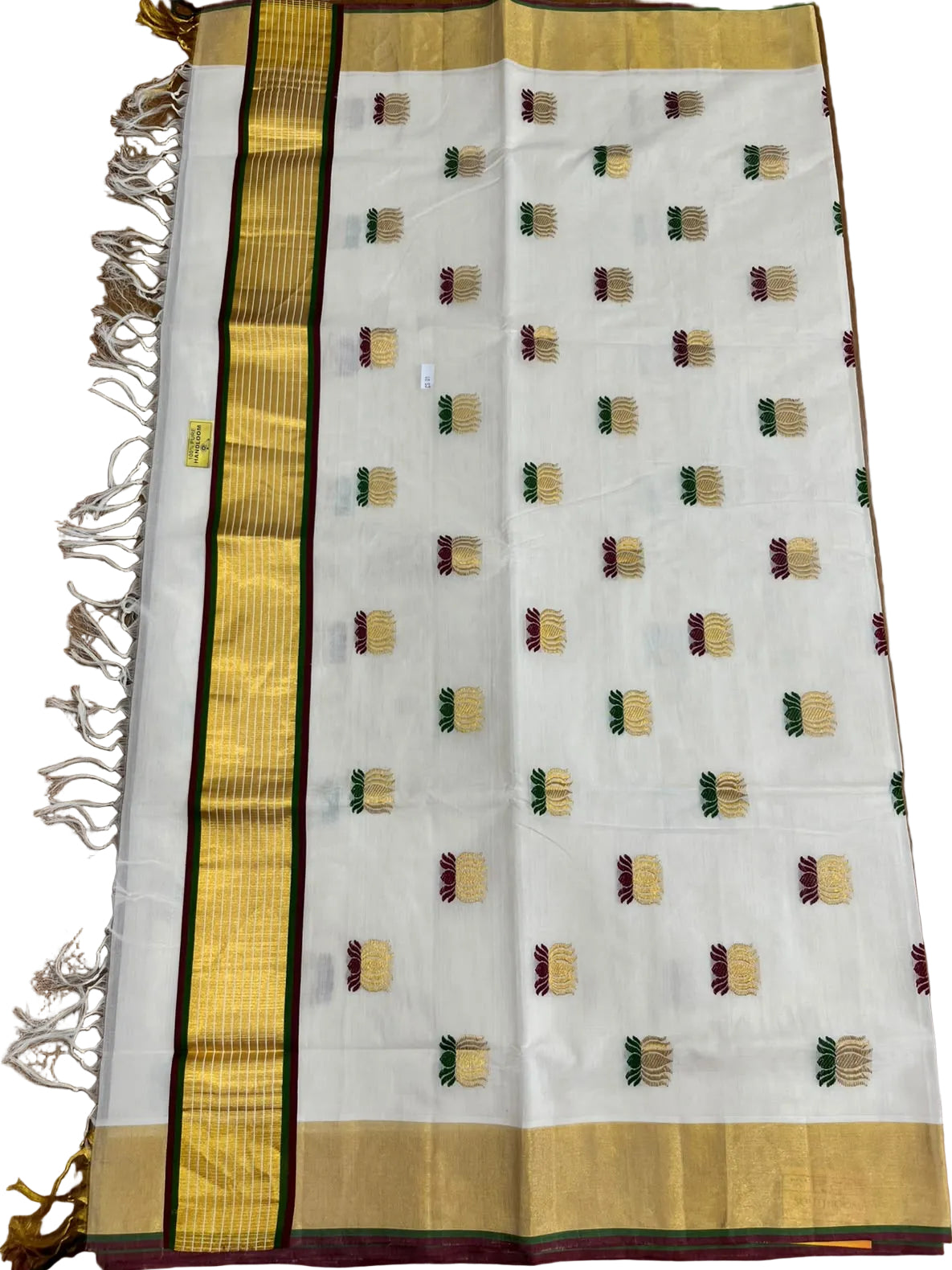 Southloom Kerala Premium Cotton Handloom Saree With Lotus Design On The Body With Maroon And Green Borders SL624