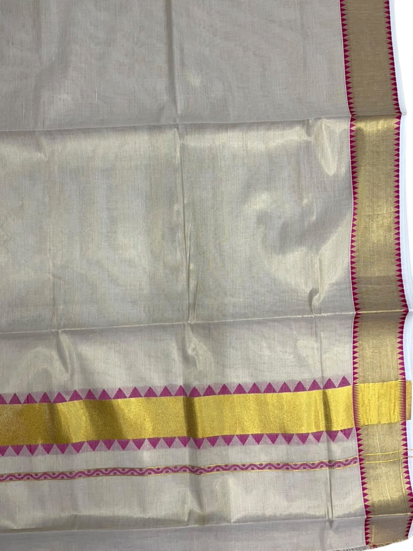Southloom Kerala Tissue Kasavu Plain Saree with Pink Temple Border SL456